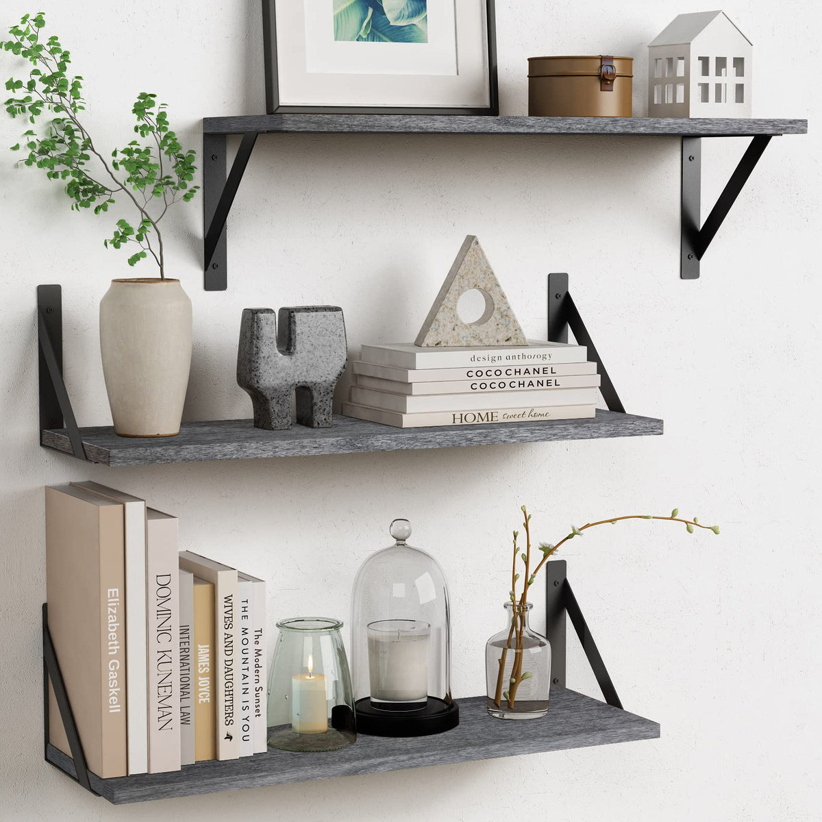 Forbena 12 Inch Deep Floating Shelves for Wall, Wide Black Wall Mounted Shelves for Bedroom Office Books Plants, Large Hanging Shelf for Living Room Bathroom Kitchen Closet Pantry Storage (3-Pack)