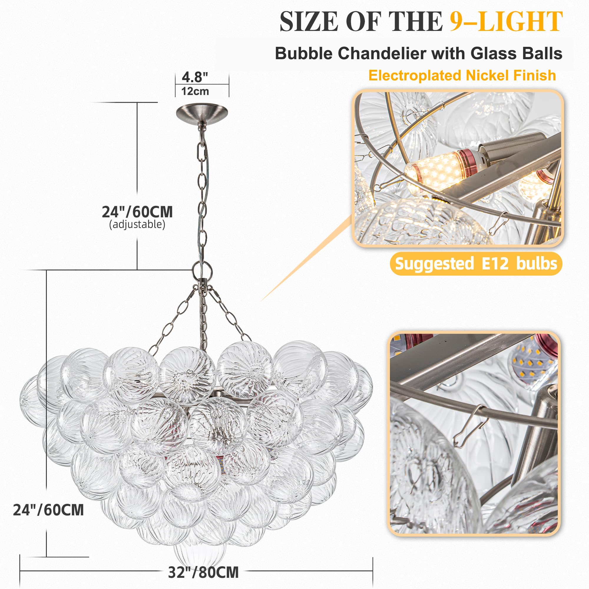 Longree Bubble Glass Ball Chandelier White 20" Dia Pendant Light | Swirled Glass Globe, for Dining Room Kitchen Bathroom Entry Bedroom