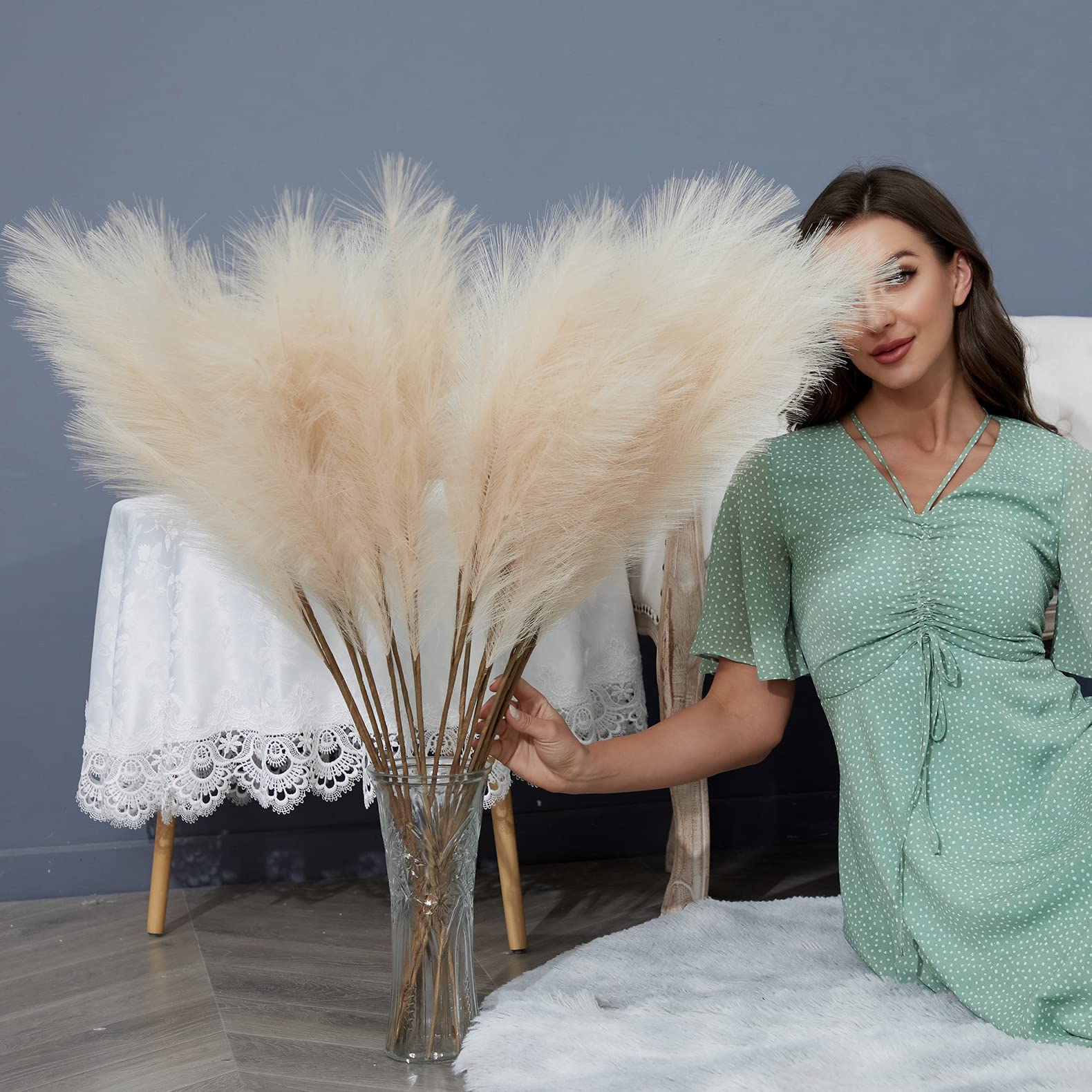 FOTEEWL 8 PCS Faux Pampas Grass Decor 38"/3.1FT Tall Fake Pompas Floral Large Artificial Pompous Grass Branches Plants for Floor Vase Filler Home Boho Decoration (Cream/Beige)