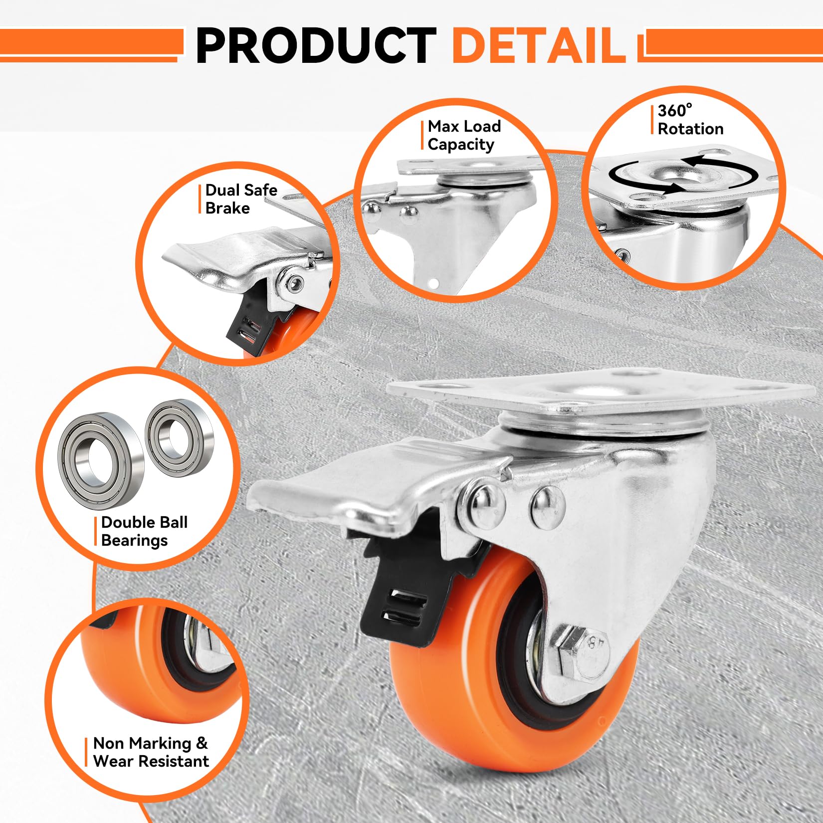 W B D WEIBIDA 2" Plate Caster Wheels Heavy Duty 600 Lbs Load Capacity Swivel Casters with Brake Set of 4, Safety Dual Locking, No Noise Wheels for Furniture, Carts (Screws and Screwdriver)