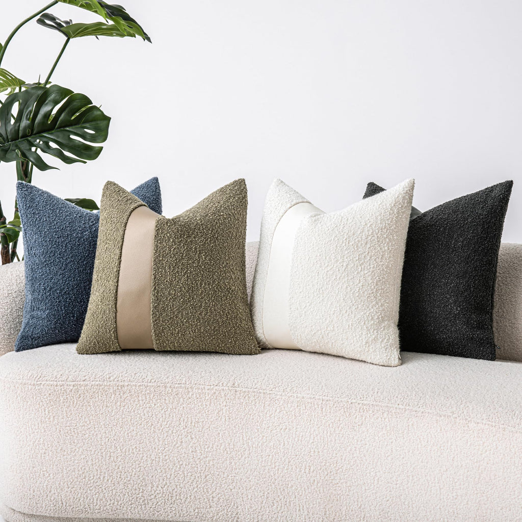18"x18" Charcoal Black Boucle Throw Pillow Covers with Faux Leather Accents Set of 2 Fluffy Textured Decorative Pillow Cases for Couch Bed Boho Farmhouse Square Cushion Covers for Nordic Home