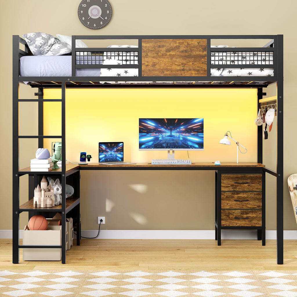 ADORNEVE Loft Bed Full Size with L-Shaped Desk, 3 Storage Drawers, Power Outlet, 3 Storage Shelves, Metal Loft Bed Frame with RGB Lights, Bed with Safety Guardrail & Ladders,Space-Saving, Grey