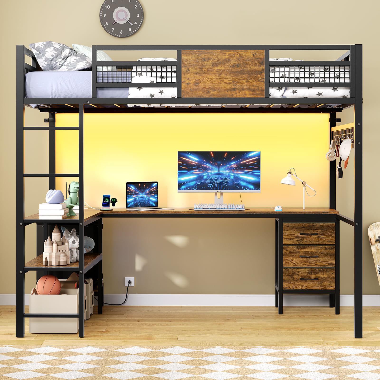ADORNEVE Loft Bed Full Size with L-Shaped Desk, 3 Storage Drawers, Power Outlet, 3 Storage Shelves, Metal Loft Bed Frame with RGB Lights, Bed with Safety Guardrail & Ladders,Space-Saving, Grey