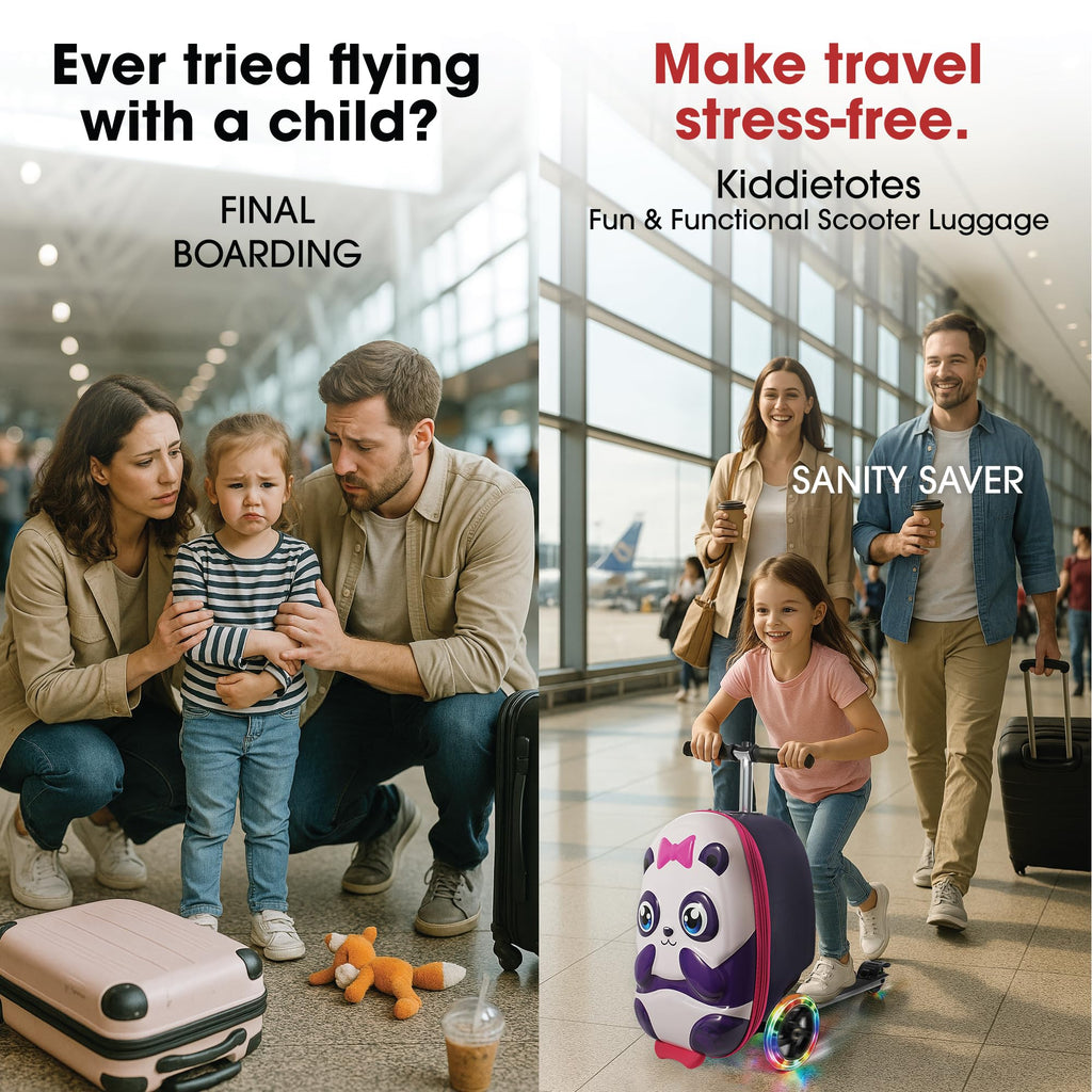 KIDDIETOTES Ride-On Scooter Suitcase for Kids – Hardside Lightweight Carry-On Luggage with Foldable Scooter, LED Wheels, Travel Fun for Toddlers & Children