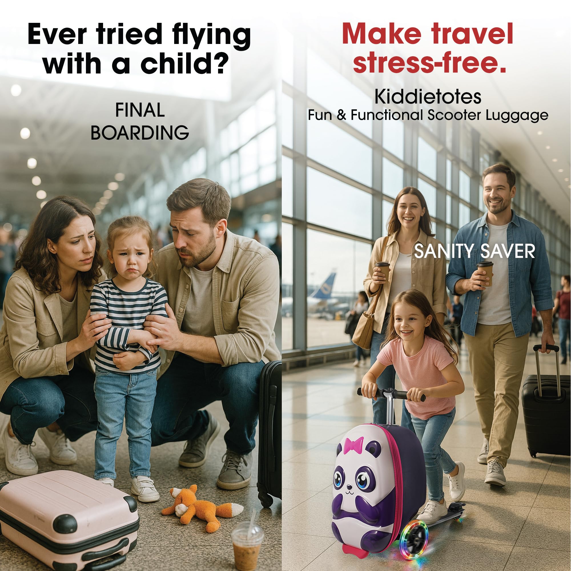 KIDDIETOTES Ride-On Scooter Suitcase for Kids – Hardside Lightweight Carry-On Luggage with Foldable Scooter, LED Wheels, Travel Fun for Toddlers & Children