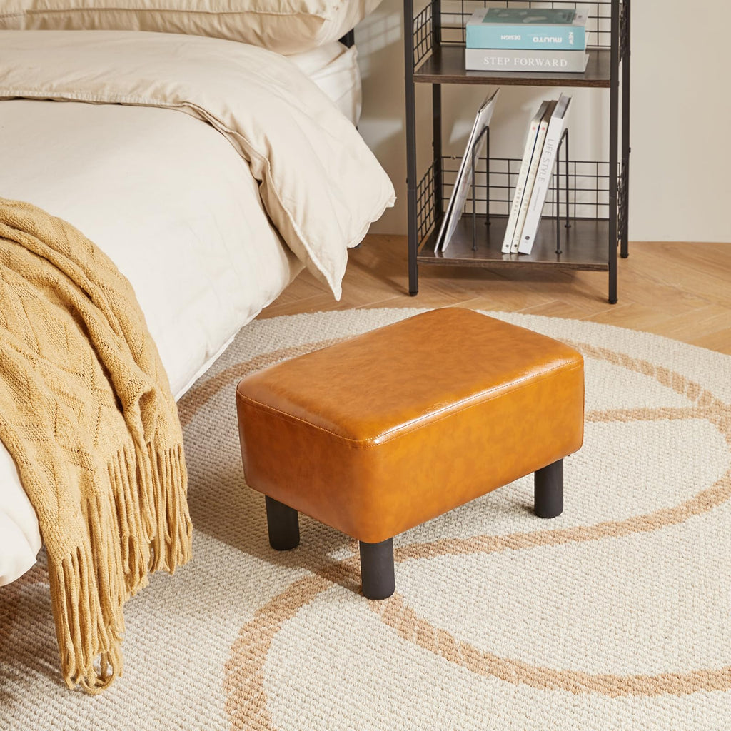 IBUYKE 16.54" Small Footstool, PU Faux Leather Step Stool, with Padded Seat Pine Wood Legs and Padded Rectangular Stool, for Bedroom, Black RF-BD210