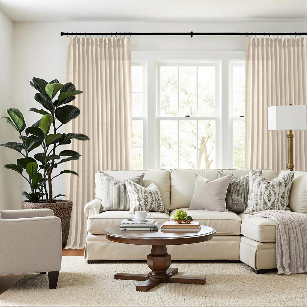 MIULEE Pinch Pleated Linen Curtains 84 Inches Long 2 Panels for Bedroom Living Room, Soft Thick Linen Textured Window Drapes Back Tab Hooks Semi Sheer Light Filtering Farmhouse，Beige