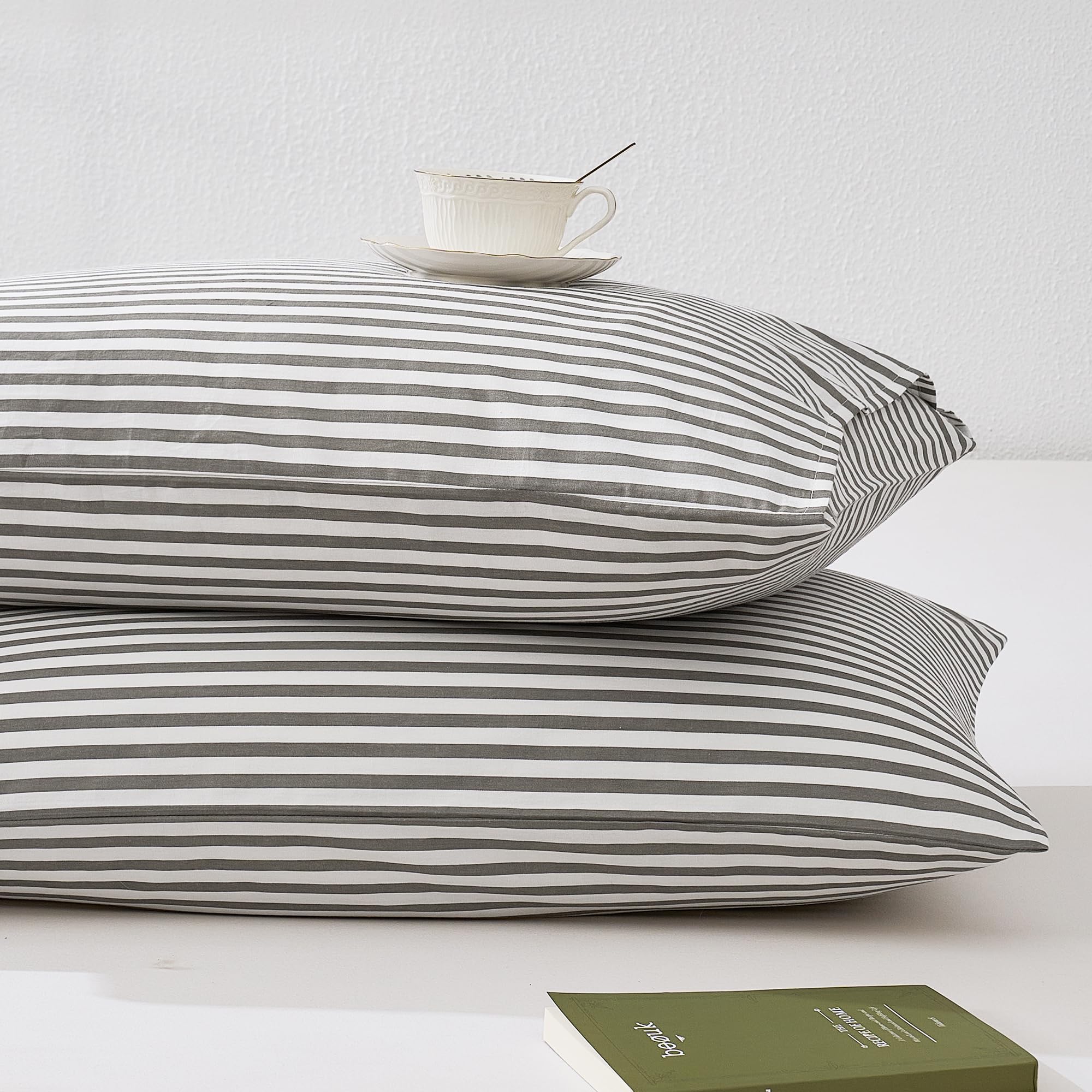 JELLYMONI Cotton Striped Pillowcases Set of 2, Sage Green, Standard | Soft breathable feel, Envelope closure, 400TC cotton, Machine washable, Gentle on skin