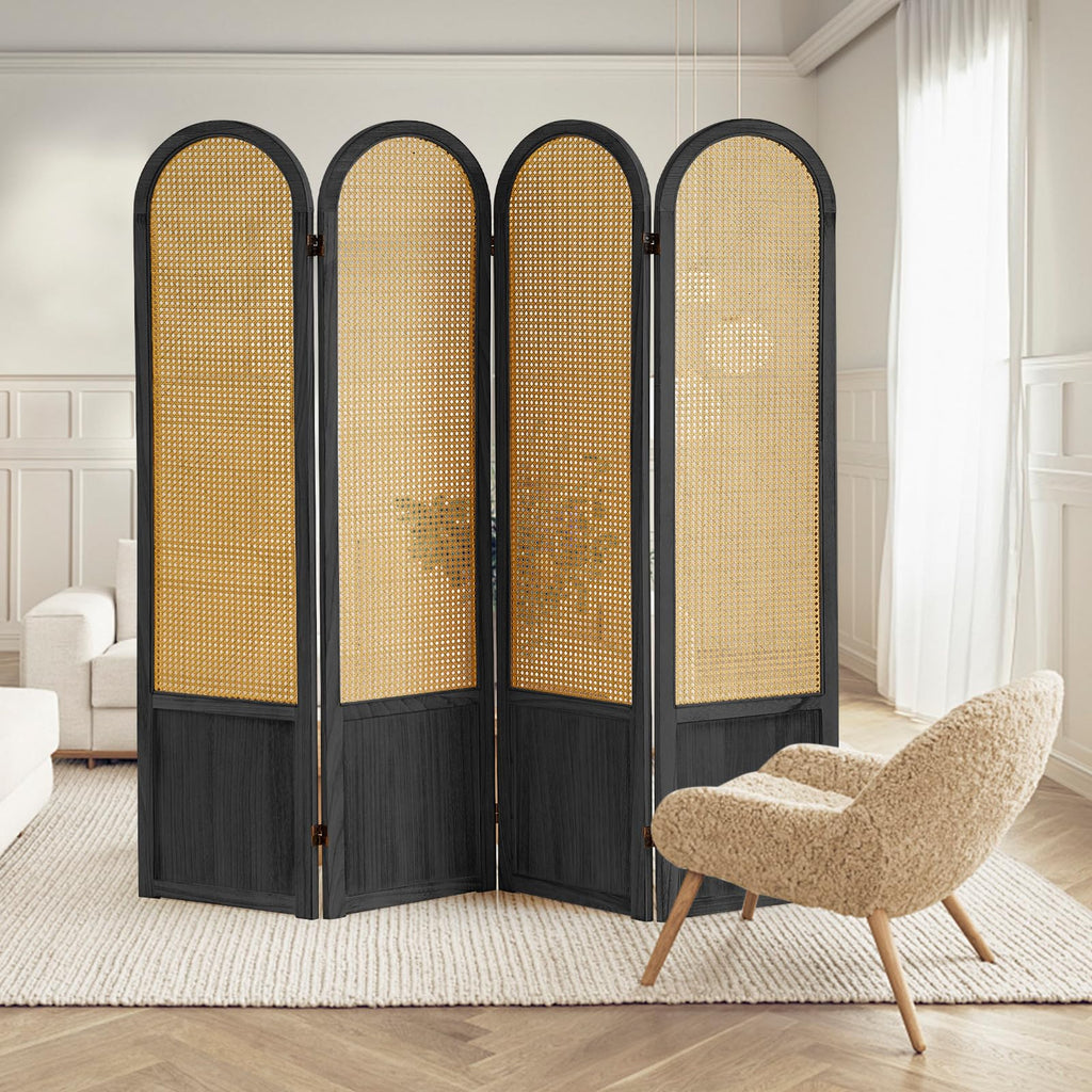 Hand-Woven Rattan Room Divider 3 Panels, 5.9 Ft Tall Wood Room Divider Panel, Partition Screen Divider Wall, Folding Privacy Screen, Wall Divider for Room Separation Home Office - Black