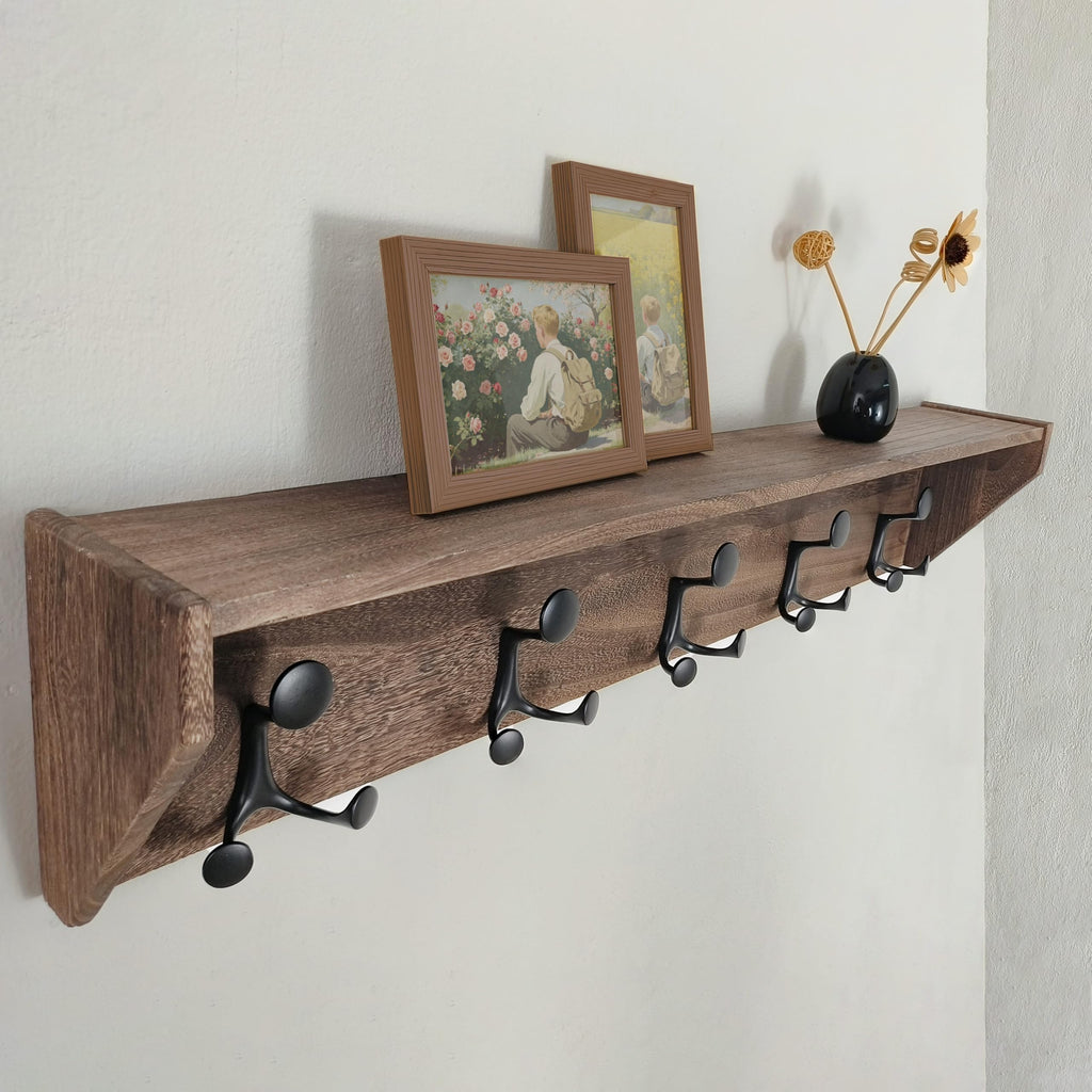 SKOLOO Wall Shelf with Hooks, 24-Inch Cherry Coat Rack Wall Mount with Shelf Organizer - Heavy Duty, 4 Tri Hooks - Perfect for Entryway, Hallway, Living Room, Bedroom, Mudroom