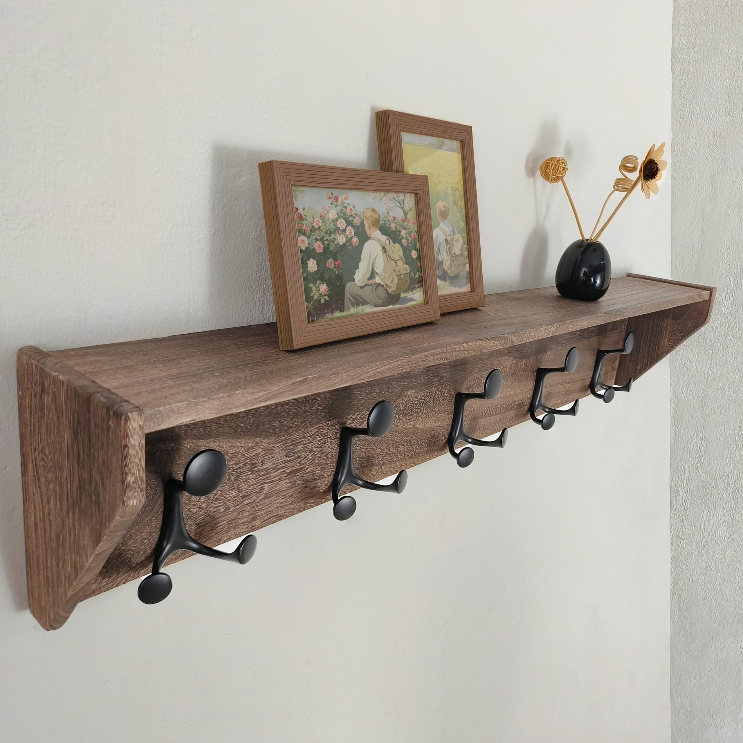 SKOLOO Wall Shelf with Hooks, 24-Inch Cherry Coat Rack Wall Mount with Shelf Organizer - Heavy Duty, 4 Tri Hooks - Perfect for Entryway, Hallway, Living Room, Bedroom, Mudroom