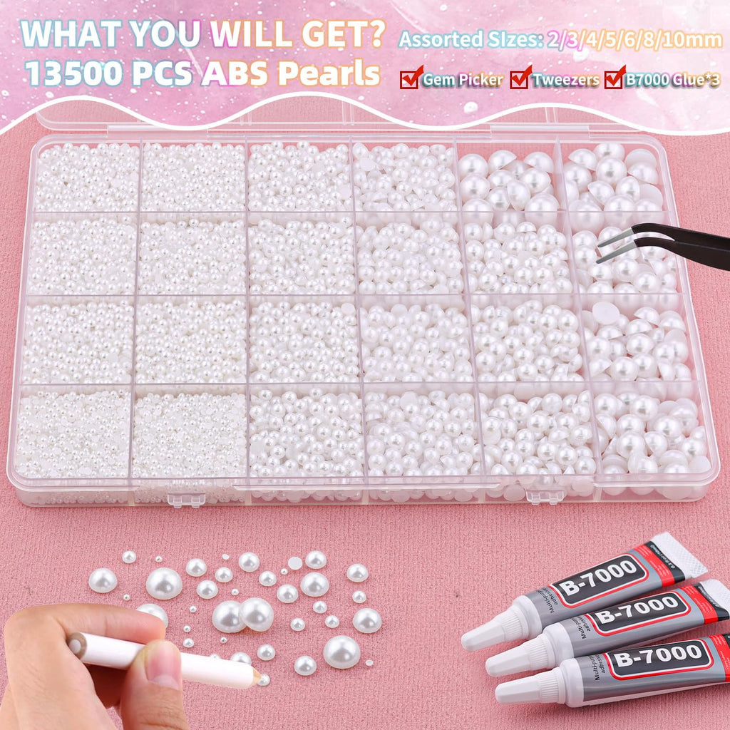 BELLEBOOST 5600pcs ABS Round Flat Back Beige Pearls Kit with Pickup Tools for Nail Art, Face, Body Decorations