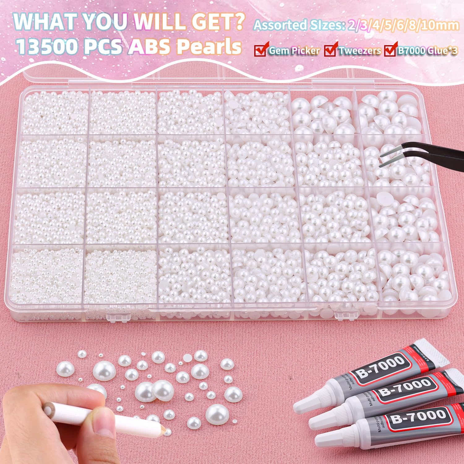 BELLEBOOST 5600pcs ABS Round Flat Back Beige Pearls Kit with Pickup Tools for Nail Art, Face, Body Decorations