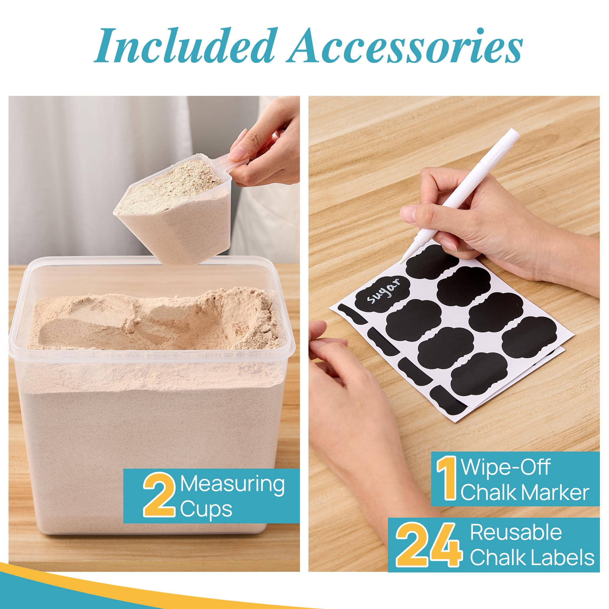 Vtopmart Food Storage Containers 2.5L / 84.5oz, 4 Pieces BPA Free Plastic Airtight Canister for Flour, Sugar, Baking Supplies, with 4 Measuring Cups and 24 Labels, Black