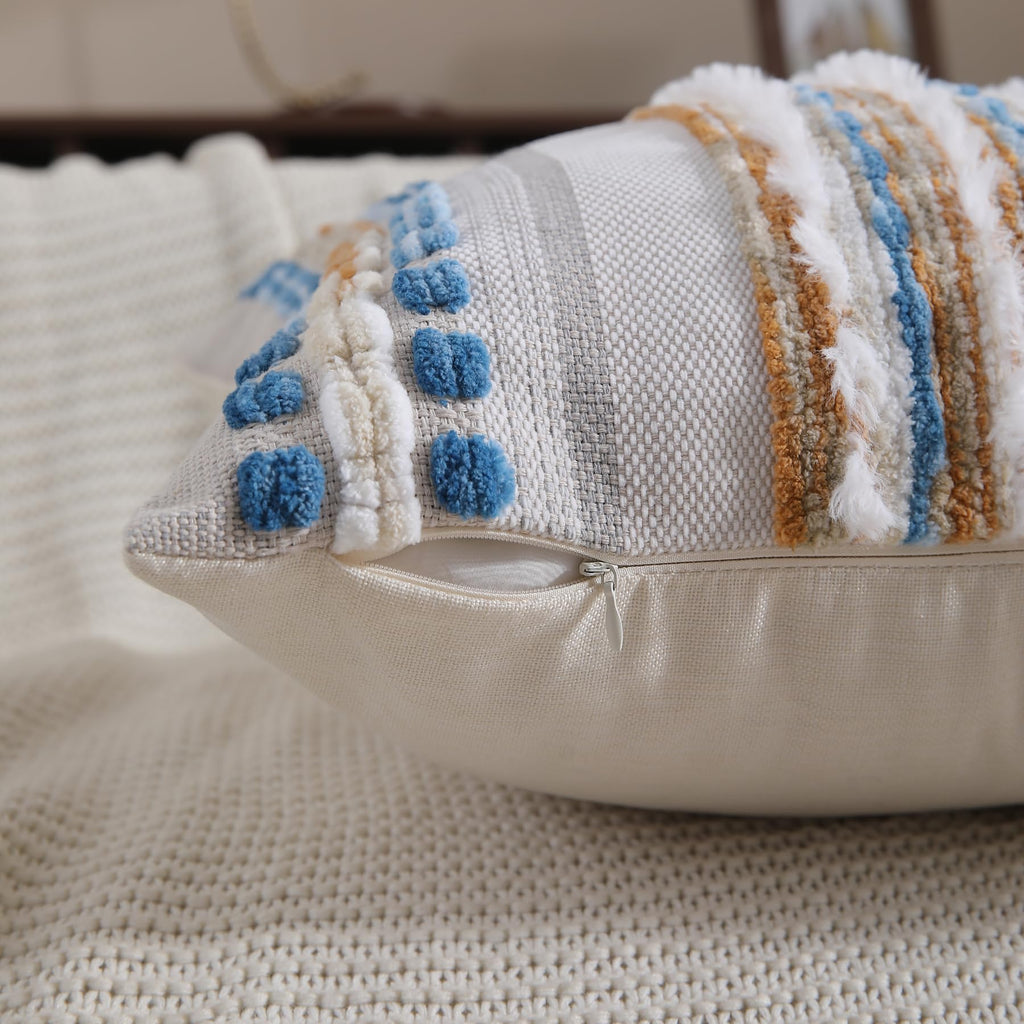 Boho Pillow Covers 18x18 Set of 2 for Couch-Modern Farmhouse Sofa Decorative Throw Pillow Covers Textured Chenille Cushion Covers Outdoor Netural Bohemian Pillow Cases Square