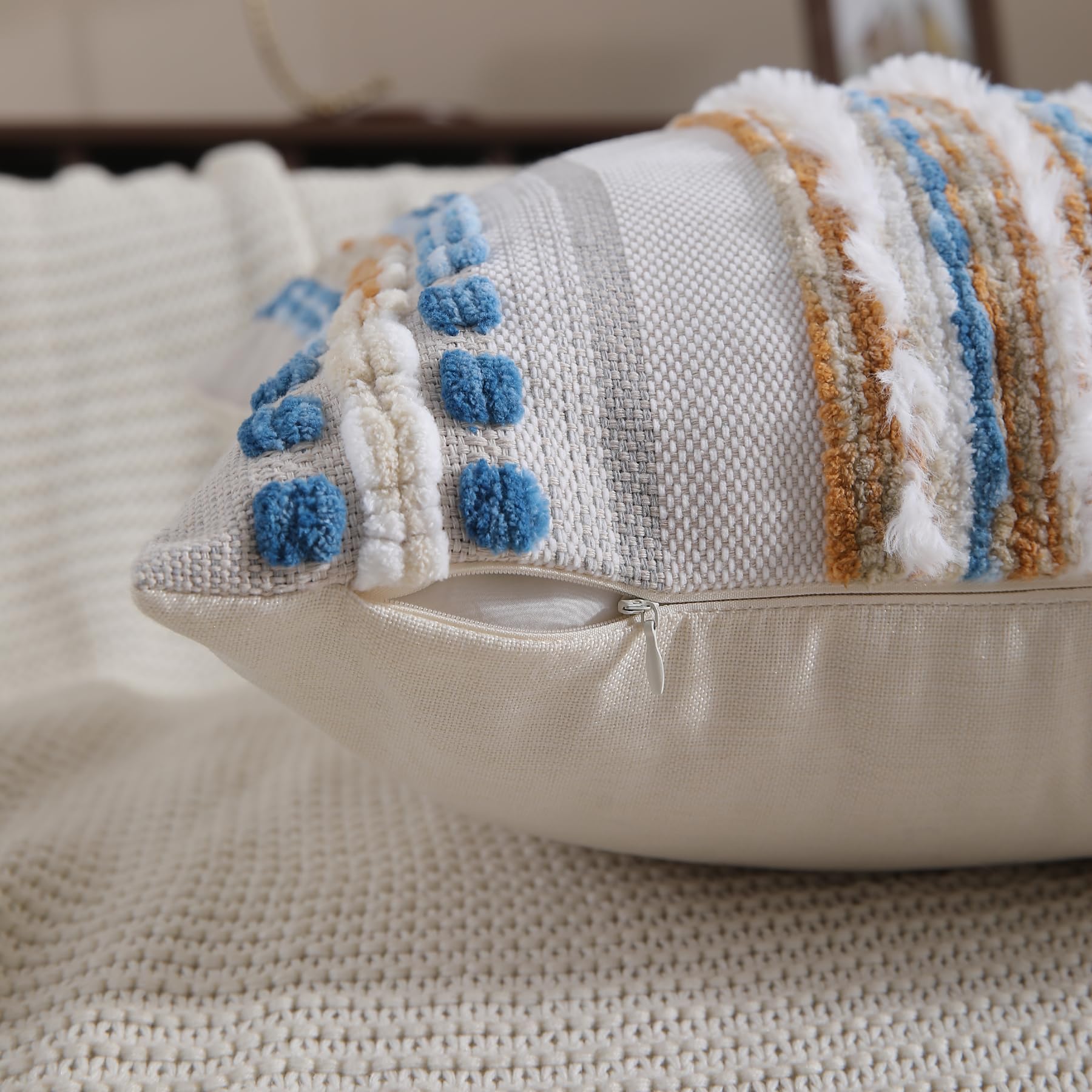 Boho Pillow Covers 18x18 Set of 2 for Couch-Modern Farmhouse Sofa Decorative Throw Pillow Covers Textured Chenille Cushion Covers Outdoor Netural Bohemian Pillow Cases Square