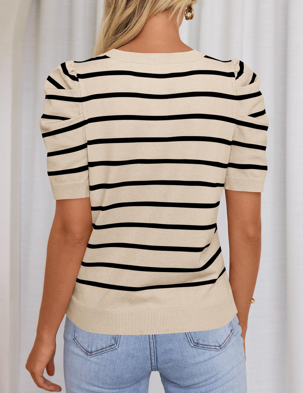 HAEOF Women's Striped Puff Short Sleeve Spring Tops 2026 Summer T Shirts Lightweight Sweater Dressy Casual Cute Work Blouses