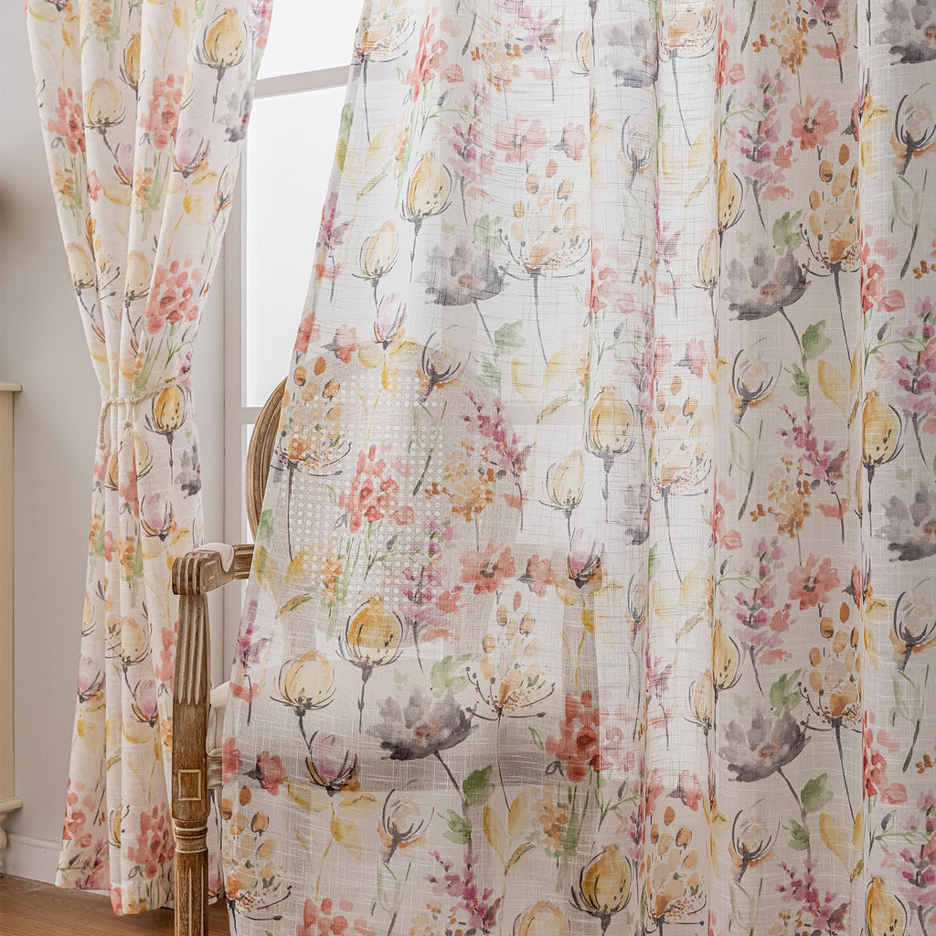 SUOUO Blue Leaf Semi Sheer White Curtains for Bedroom Dining Living Room Linen Textured 84 inches Long Rod Pocket Boho Window Drapes 2 Panels