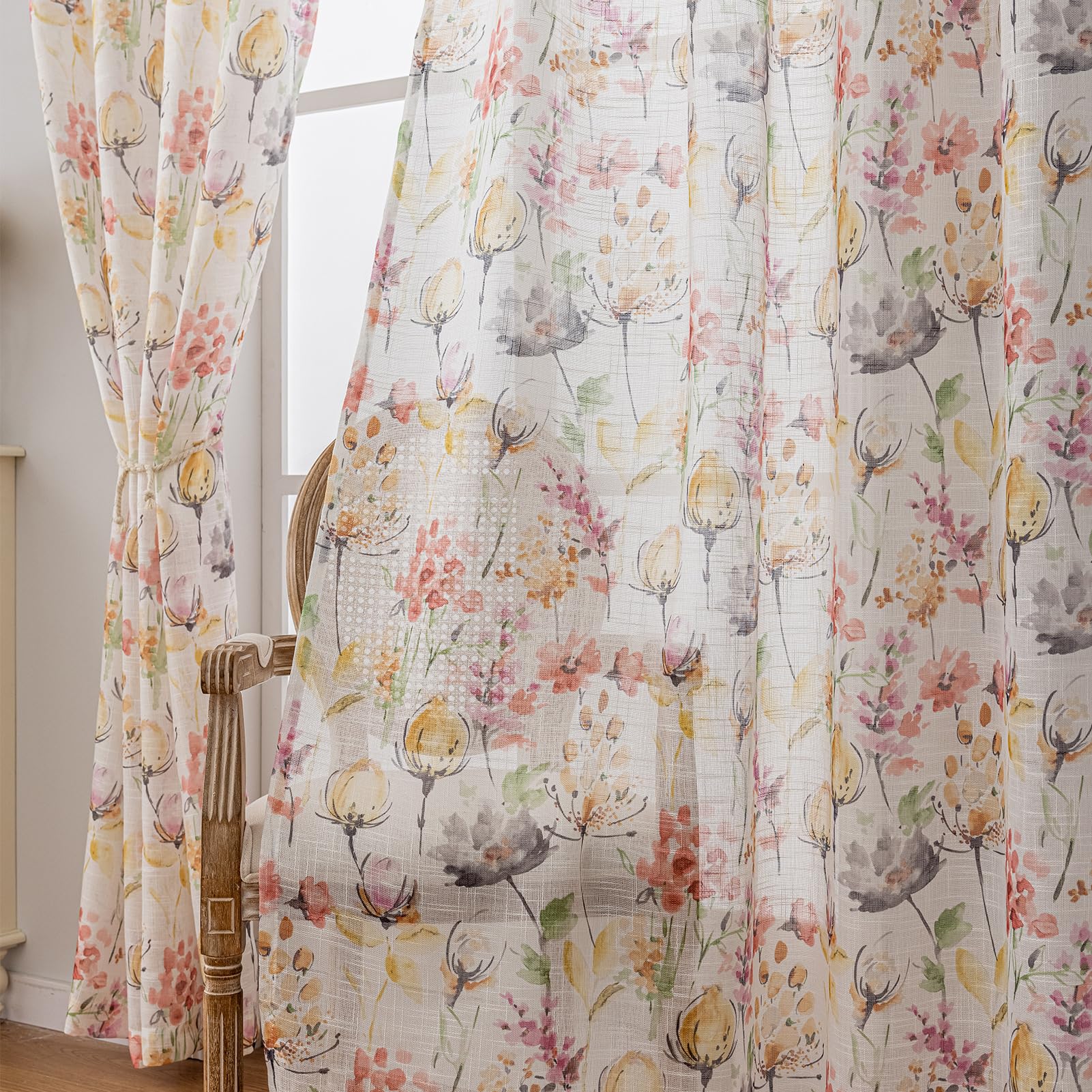 SUOUO Blue Leaf Semi Sheer White Curtains for Bedroom Dining Living Room Linen Textured 84 inches Long Rod Pocket Boho Window Drapes 2 Panels