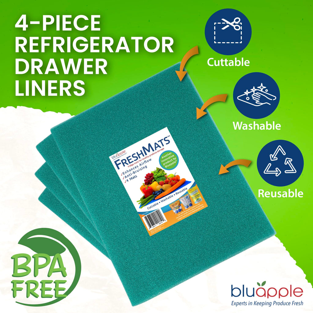 Bluapple FreshMats, Refrigerator Bin Liner, Fridge Drawer Mats, Crisper Life Extender Liner Keeps Produce Fresh Longer, Anti-Bruising, for Air Circulation, Washable & Reusable (4-Mats, 12x15, Black)