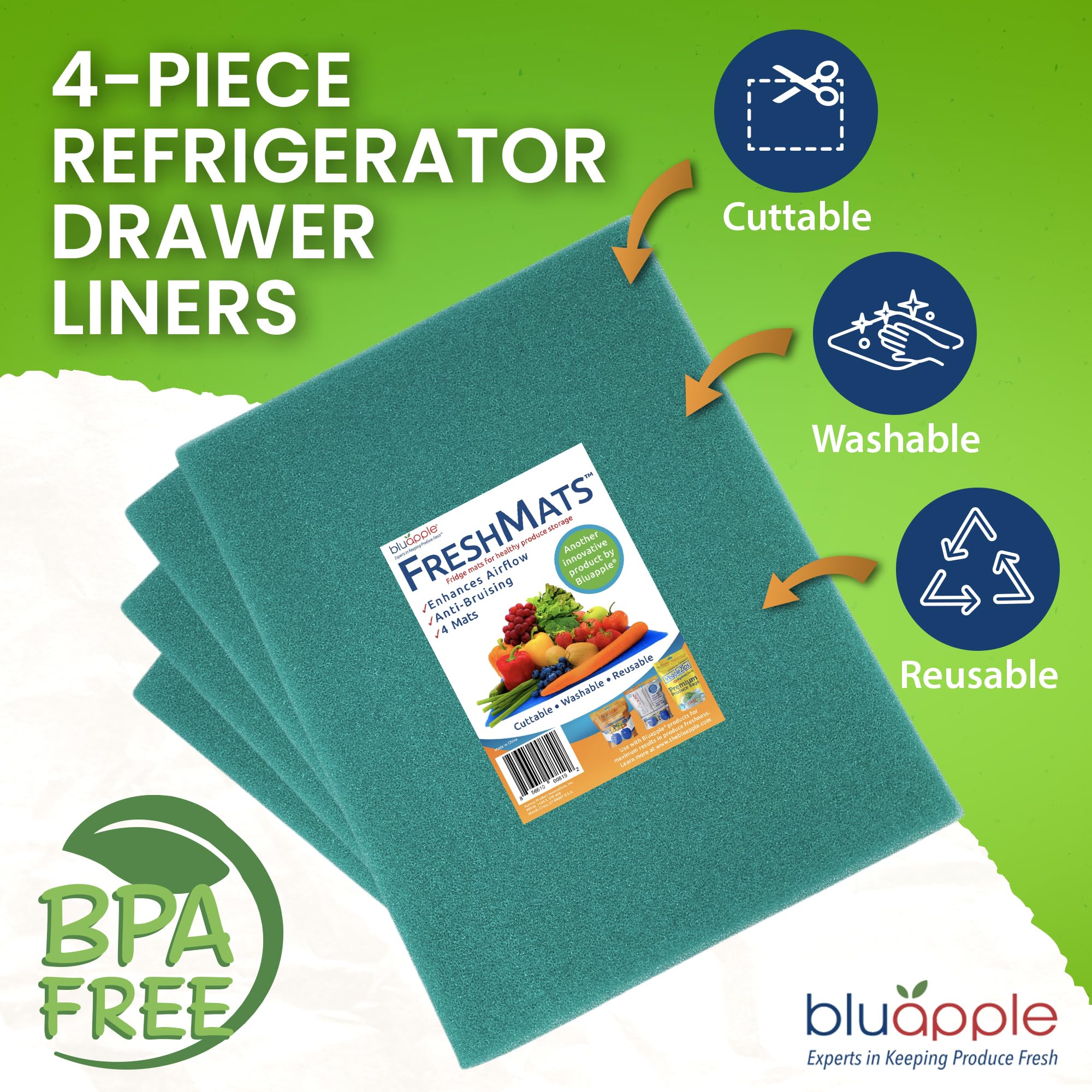 Bluapple FreshMats, Refrigerator Bin Liner, Fridge Drawer Mats, Crisper Life Extender Liner Keeps Produce Fresh Longer, Anti-Bruising, for Air Circulation, Washable & Reusable (4-Mats, 12x15, Black)