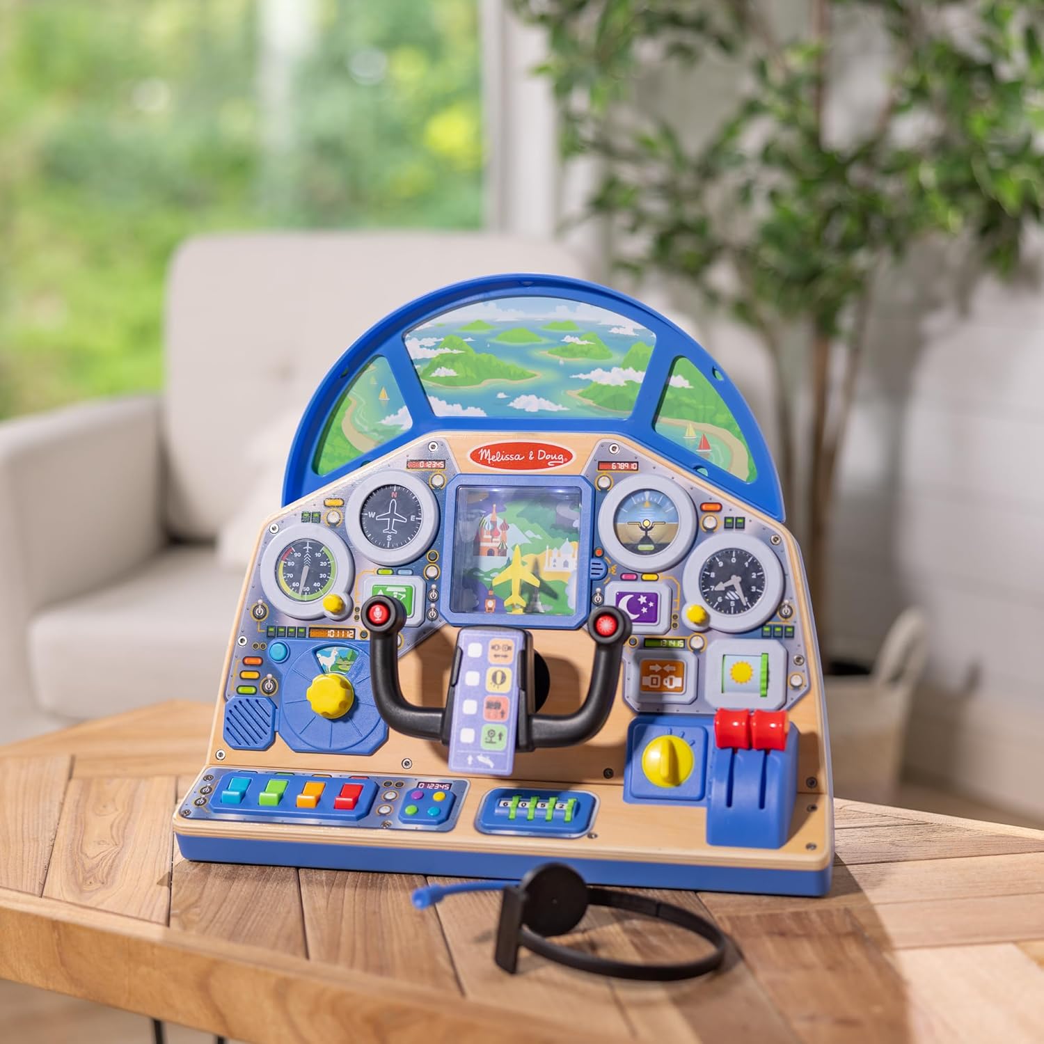 Melissa & Doug Jet Pilot Interactive Dashboard Wooden Toy for Boys and Girls Ages 3+ Cockpit Steering Wheel Pretend to Fly Experience, Fidget Buttons - FSC Certified