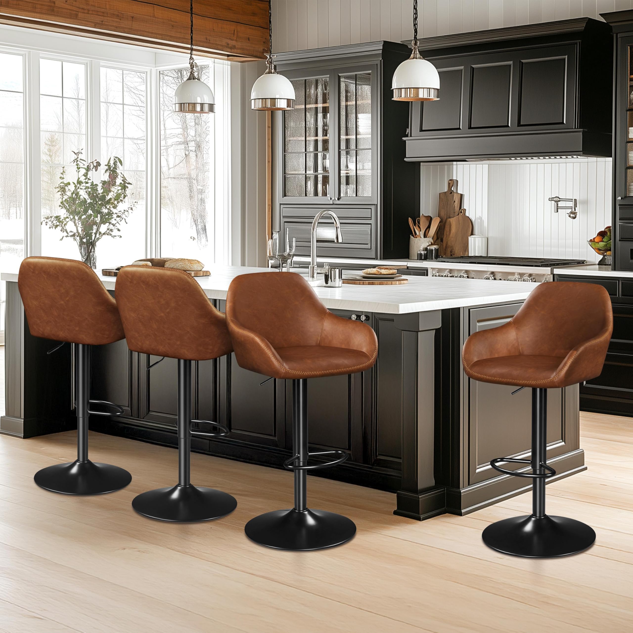 Yaheetech Bar Stools Set of 2, PU Leather Swivel Counter Height Barstools, Adjustable Bar Chairs with Backrest and Footrest, Kitchen Island Stool for Home Kitchen, Black