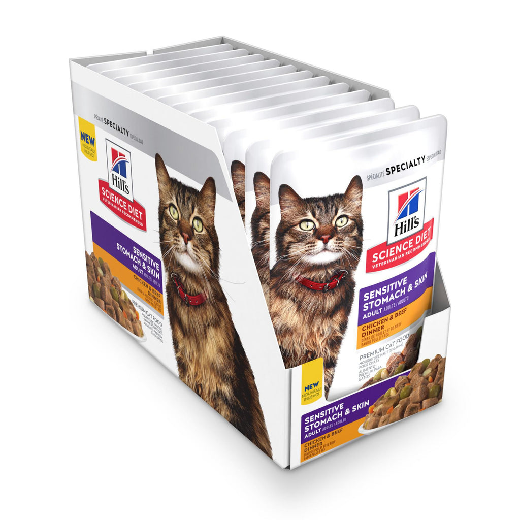 Hill's Science Diet Adult Sensitive Stomach & Skin Wet Cat Food, Chicken & Beef, 2.8 oz. Pouches, 24-Pack