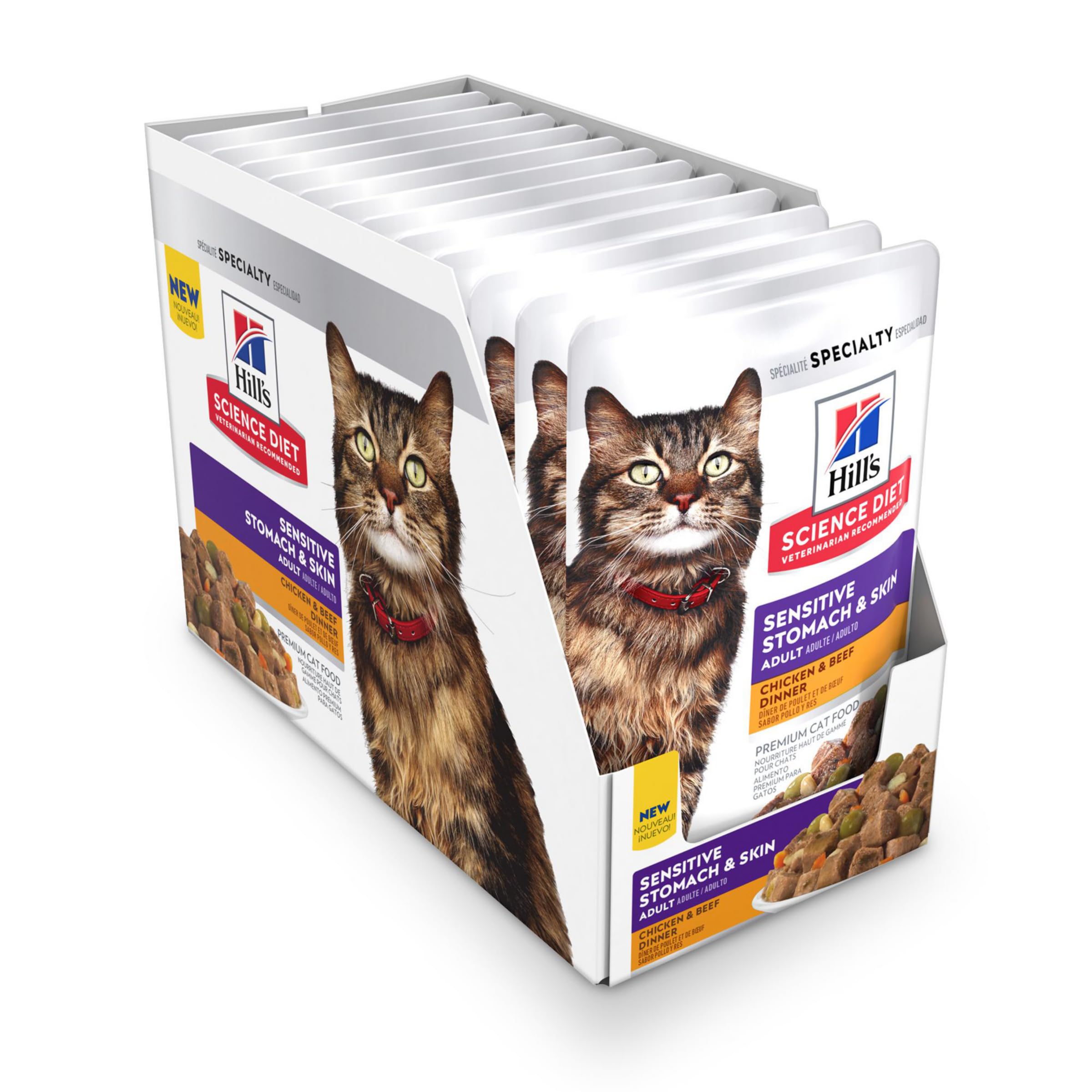 Hill's Science Diet Adult Sensitive Stomach & Skin Wet Cat Food, Chicken & Beef, 2.8 oz. Pouches, 24-Pack