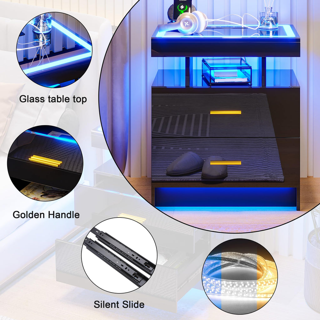 HNEBC LED Nightstand with Charging Station,Smart Bedside Table with Motion Sensor Lights,3 Drawers,Tempered Glass Top,High Gloss End Table with 3 Color Lights for Bedroom, Living Room,Office-Black