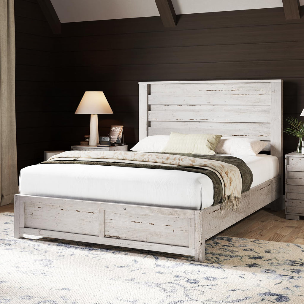 AMERLIFE Farmhouse Full Size Bed Frame with 49" Fluted Headboard, Wood Platform Bed with Natural Grain, No Box Spring Needed/Noise Free, Black