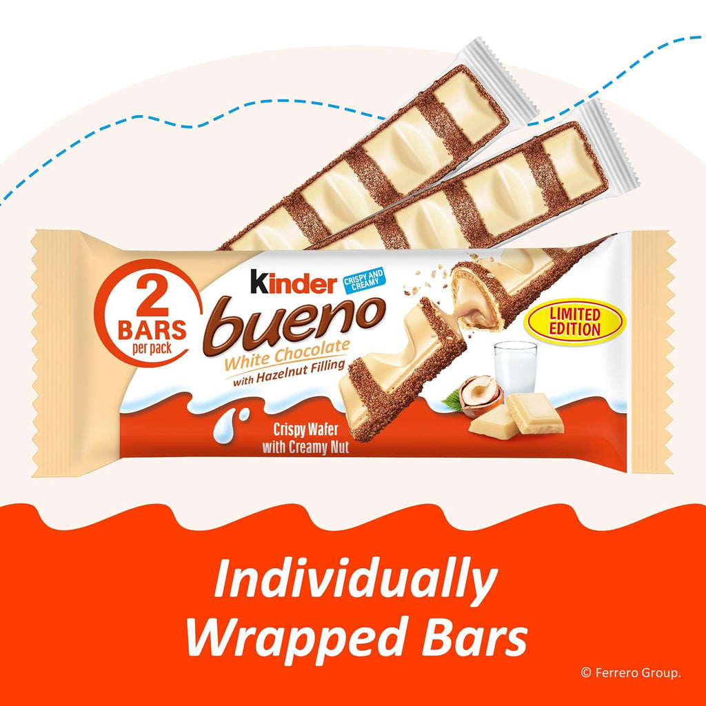 Kinder Bueno White Chocolate Bar with Crispy Wafer and Hazelnut Filling, 30 Pack, 2 Individually Wrapped Bars per Pack, 1.4 oz Each
