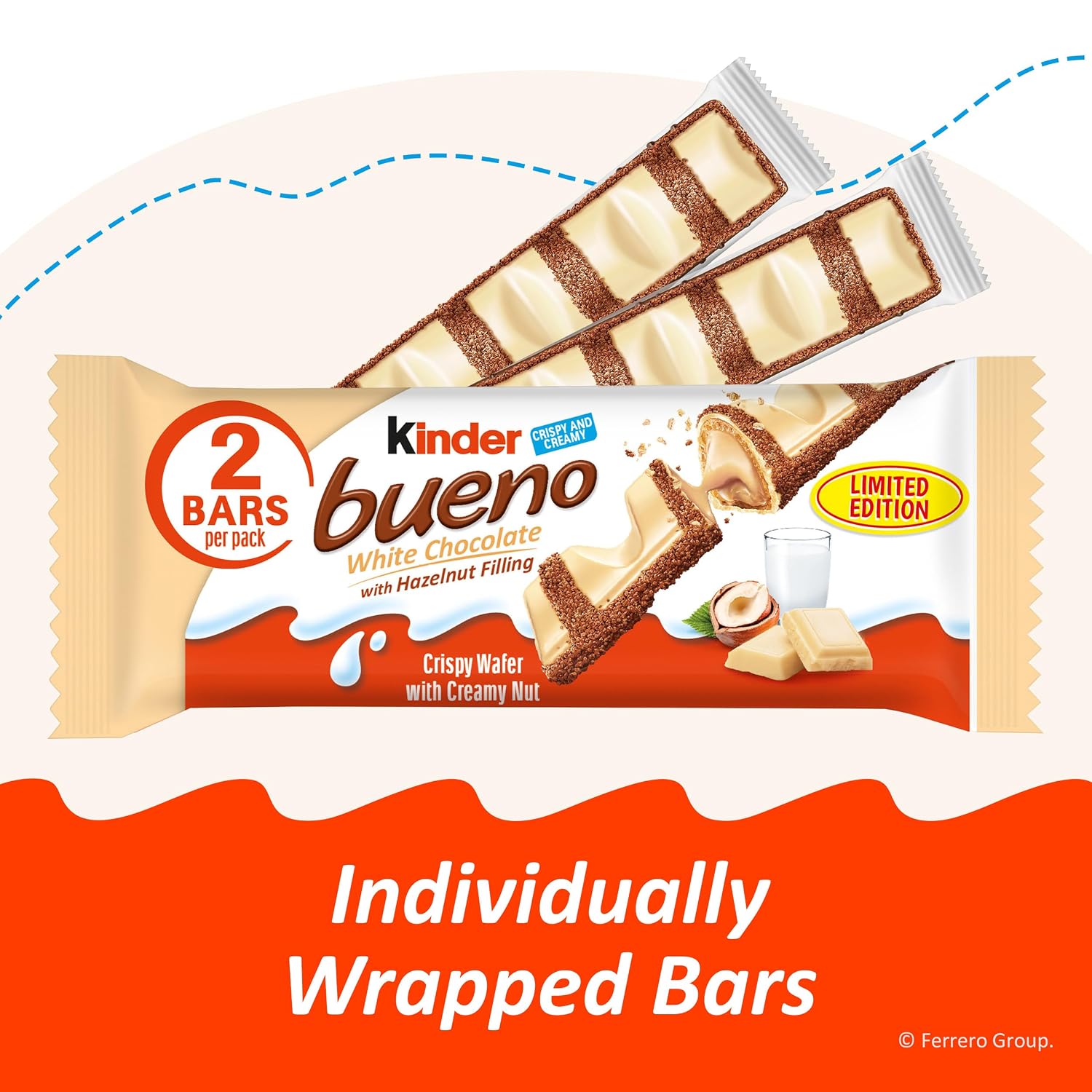 Kinder Bueno White Chocolate Bar with Crispy Wafer and Hazelnut Filling, 30 Pack, 2 Individually Wrapped Bars per Pack, 1.4 oz Each