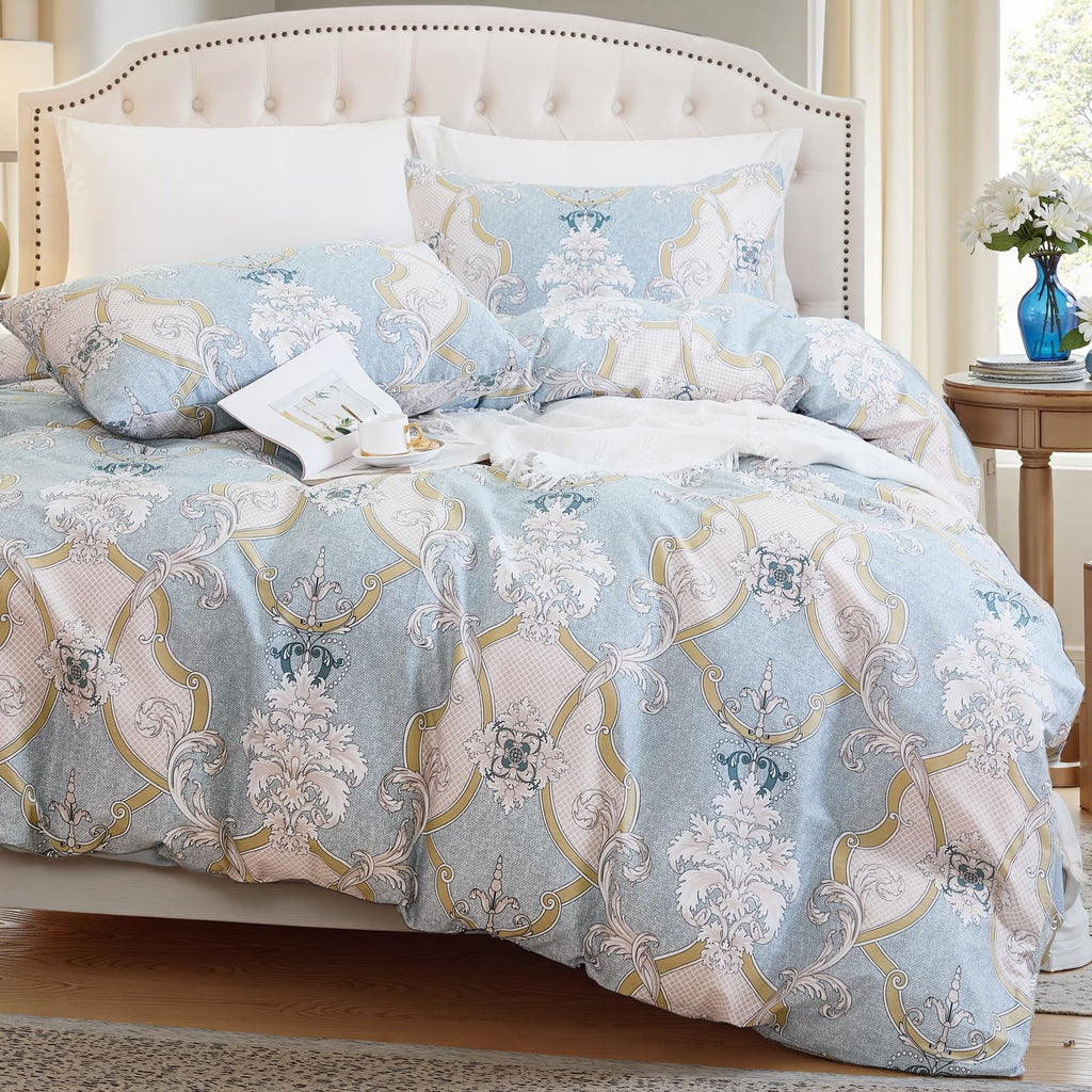 100% Natural Cotton Comforter Set Queen 3 Pcs Grayish Blue Bedding Sets with Luxurious Damask Pattern, Reversible Breathable Soft Comforter Sets for All Season