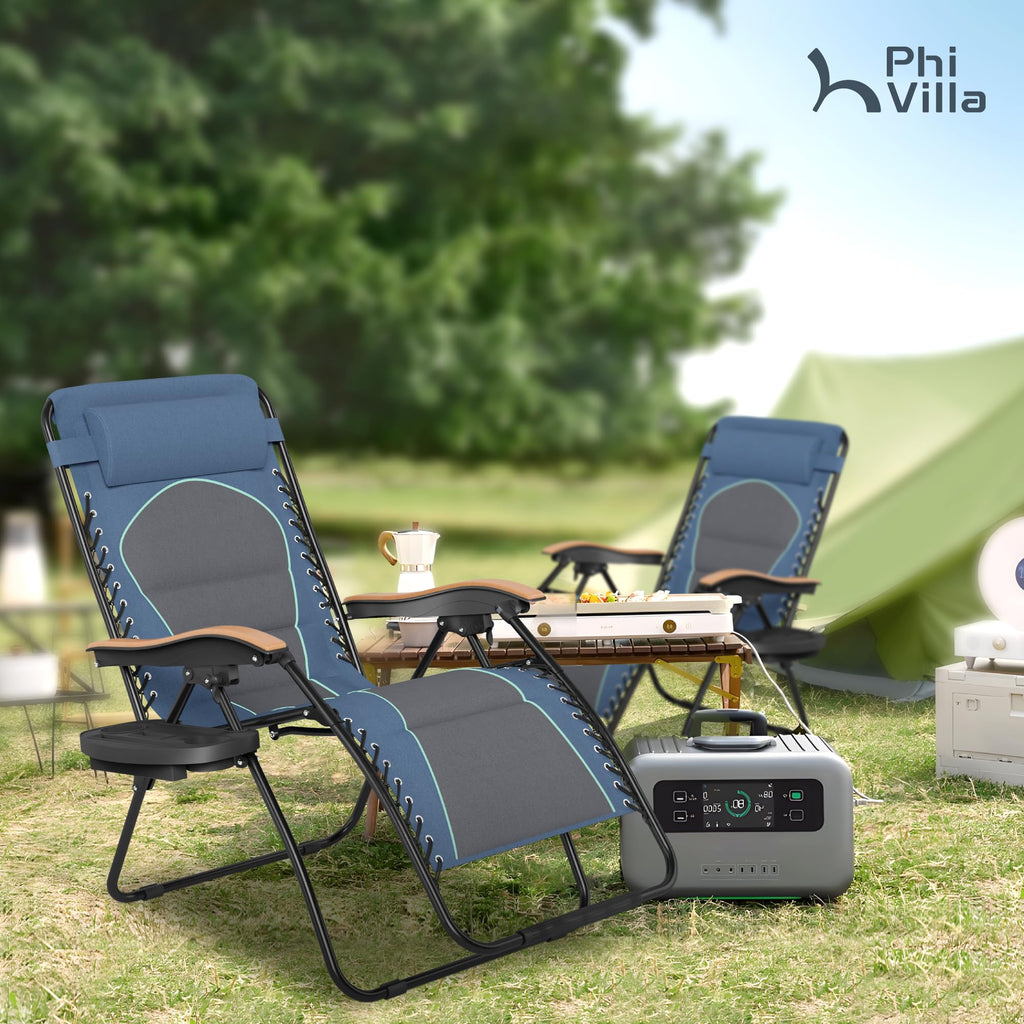 PHI VILLA XXL Oversized Padded Zero Gravity Chair Set of 2, Foldable Patio Recliner, 30" Wide Seat Anti Gravity Lounger with Armrest and Cup Holder, Support 400 LBS (Aqua Blue)