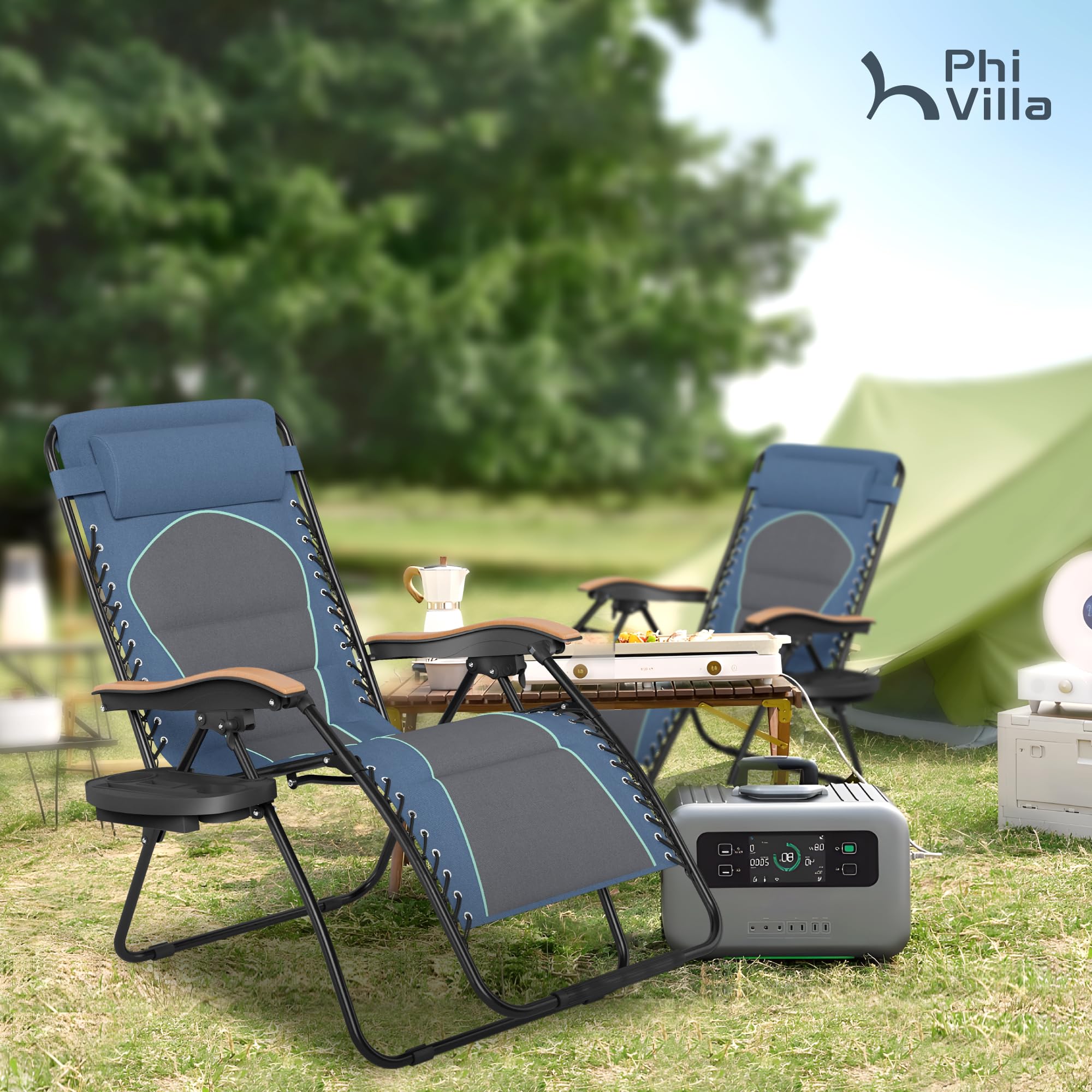 PHI VILLA XXL Oversized Padded Zero Gravity Chair Set of 2, Foldable Patio Recliner, 30" Wide Seat Anti Gravity Lounger with Armrest and Cup Holder, Support 400 LBS (Aqua Blue)