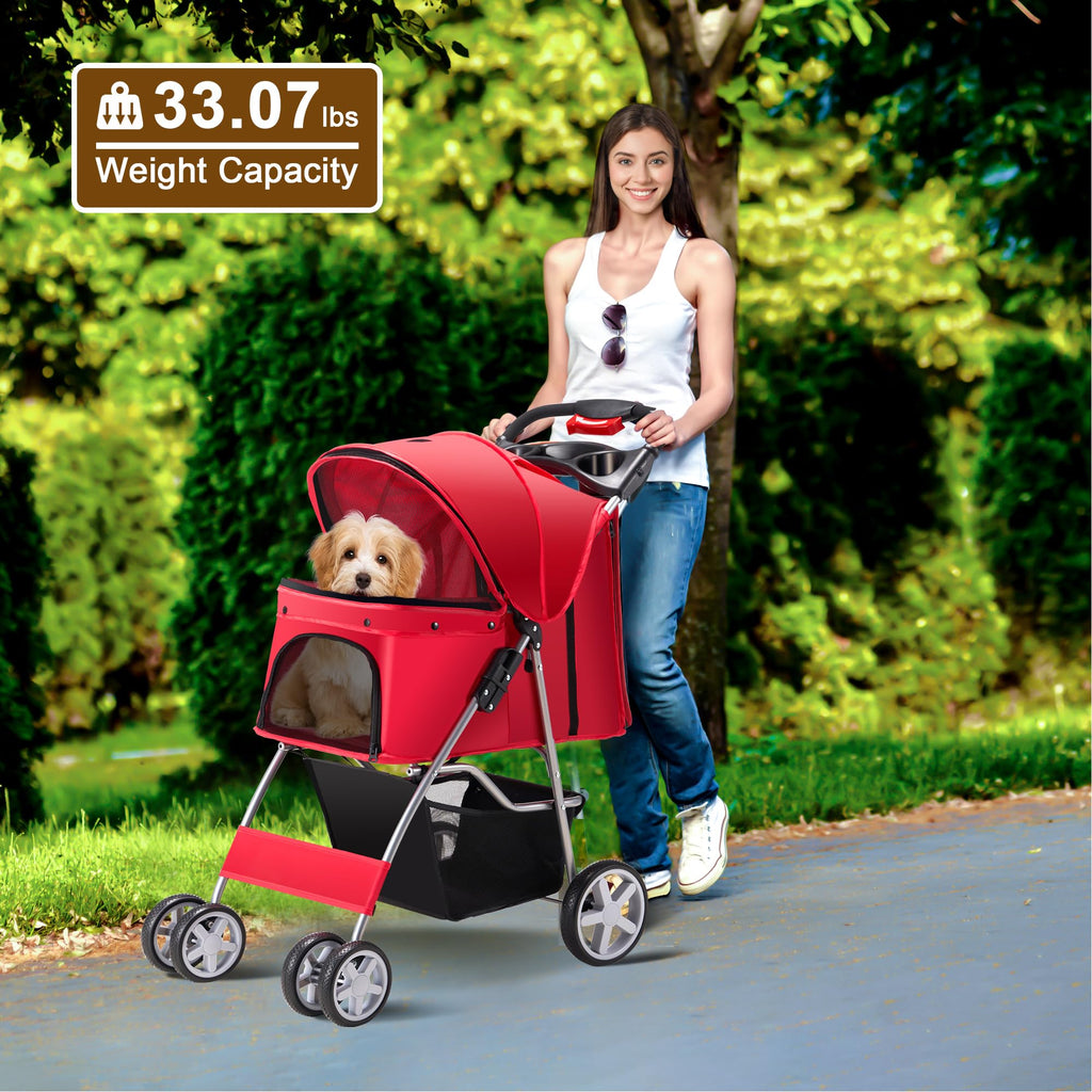 Pet Stroller, 4 Wheels Pet Strolling Cart for Medium/Small Dogs and Cats, Foldable Cat Jogger/Dog Stroller with Cup Holder, Storage Basket, Breathable Mesh, All-Season Pet Carrier, Black