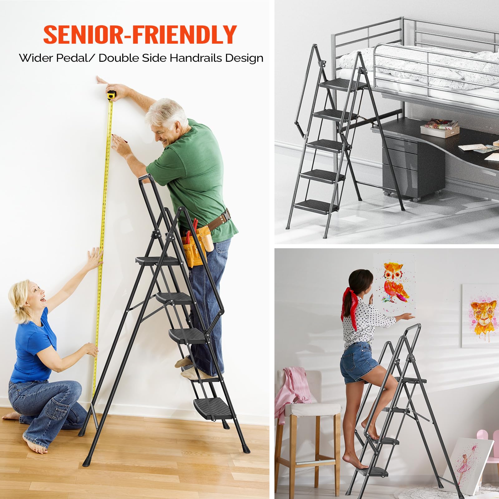 LUISLADDERS 3 Step Ladder with Handrails, Folding Step Stool with Widened Anti-Slip Pedal, 500lbs Lightweight Step Ladder 3 Step Folding, Multi-use for Home Kitchen Pantry Office, Black