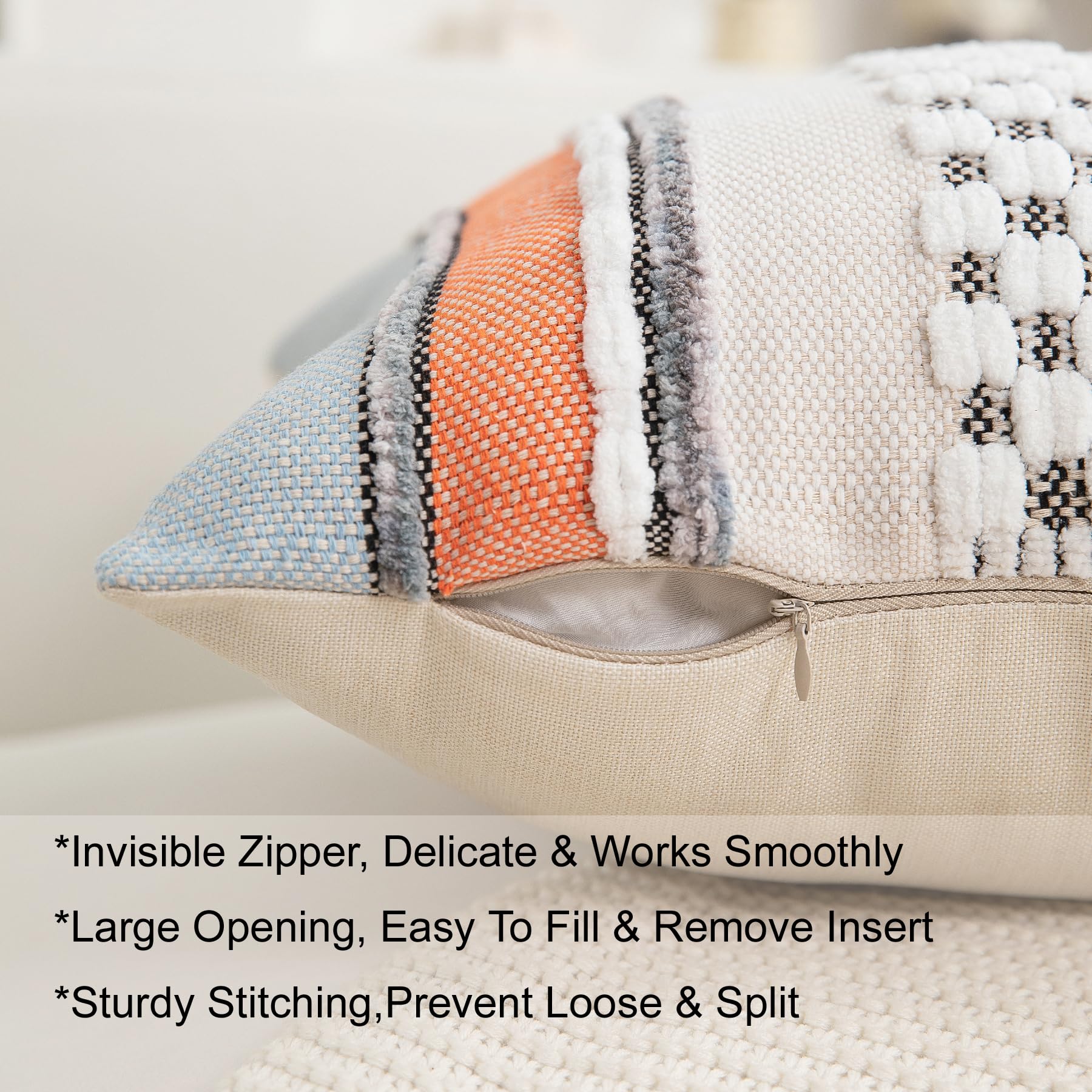 Boho Pillow Covers 18x18 Set of 2 for Couch-Modern Farmhouse Sofa Decorative Throw Pillow Covers Textured Chenille Cushion Covers Outdoor Netural Bohemian Pillow Cases Square