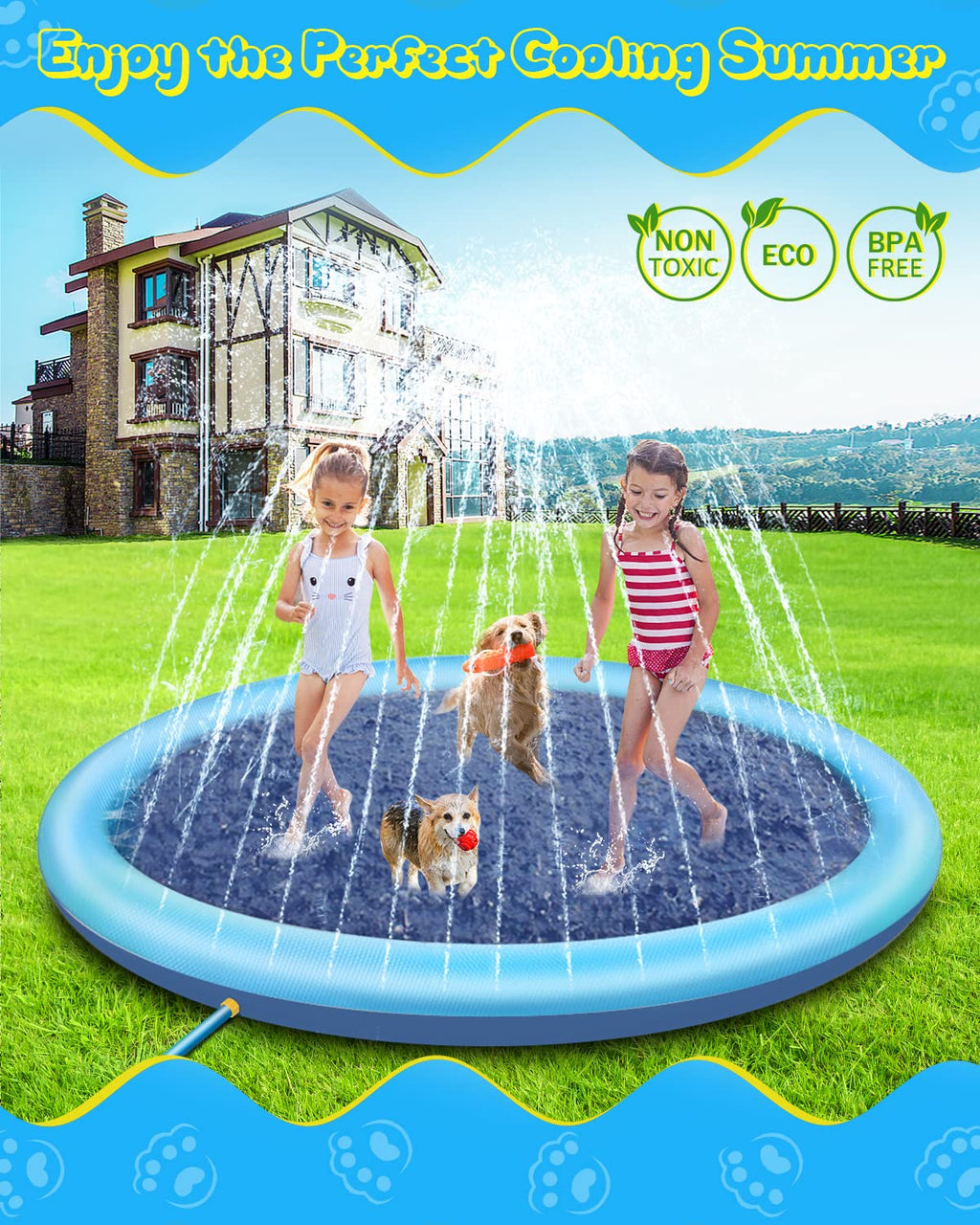 Raxurt Splash Pad, Non-Slip Thicken Splash Pad for Kids Ages 4-8 Toddler Baby Splash Sprinkler Pad Dog Pool Summer Outdoor Water Toys for Boys Girls, 59'' Blue