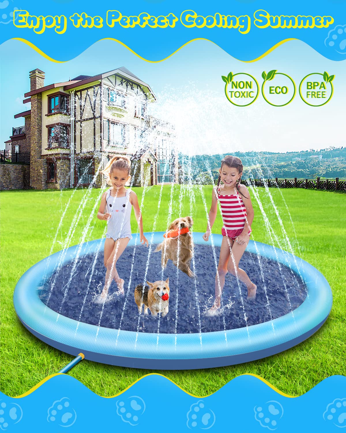 Raxurt Splash Pad, Non-Slip Thicken Splash Pad for Kids Ages 4-8 Toddler Baby Splash Sprinkler Pad Dog Pool Summer Outdoor Water Toys for Boys Girls, 59'' Blue