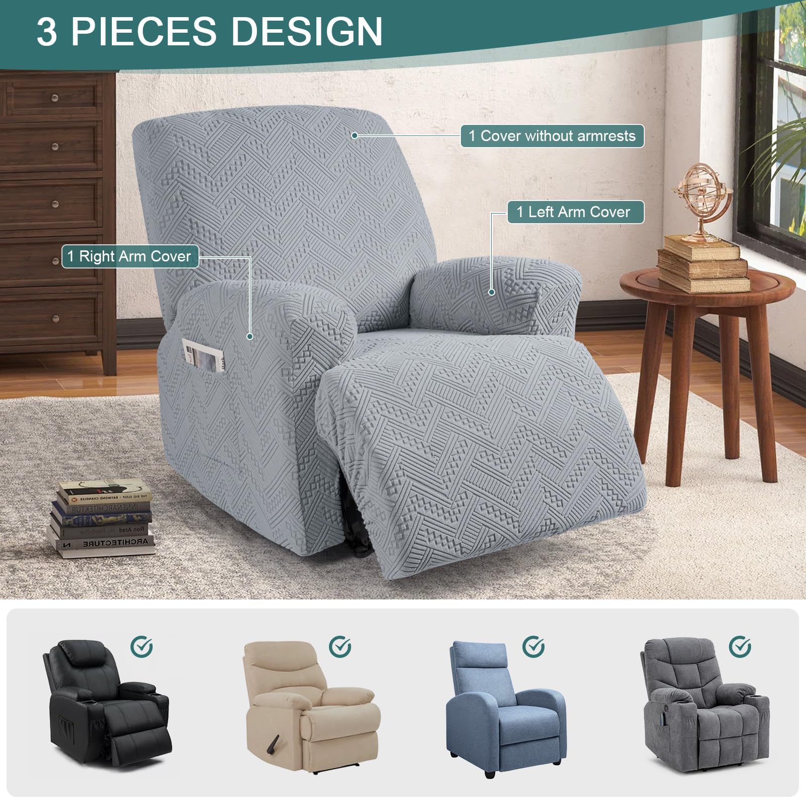 Ruaozz Recliner Chair Covers 3-Pieces Lazy Boy Recliner Slipcovers Stretch Reclining Chair Slipcover Washable Furniture Protector with Elastic Bottom (1 Seater, Army Green)