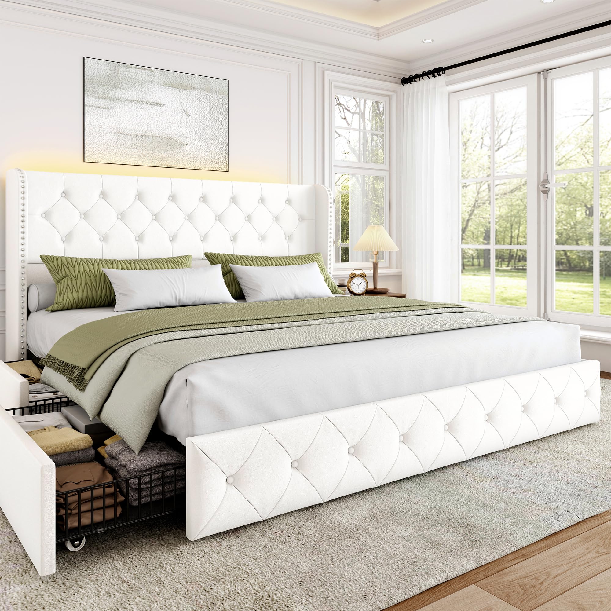 BRELTAM Full Size Bed Frame with Storage Drawers and Wingback Headboard Linen Upholstered Platform Bed Frame Tufted Beds with Heavy Duty Wood Slats, Noise Free, Easy Assembly, Beige