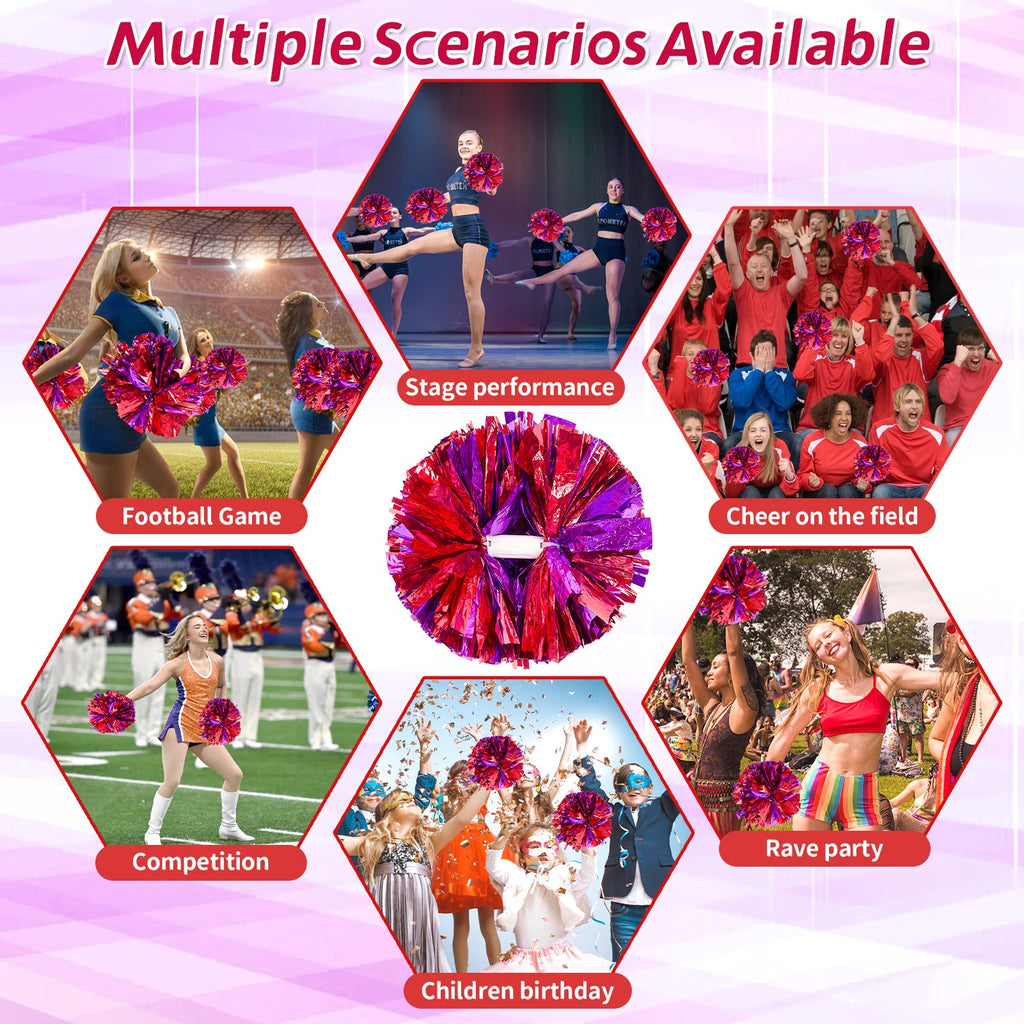 4Pcs Metallic Cheerleading Pom Poms, Creatiee 2 Pair Cheerleader Cheering Squad Pompoms for School Sports Dance Games Team Spirit Cheer