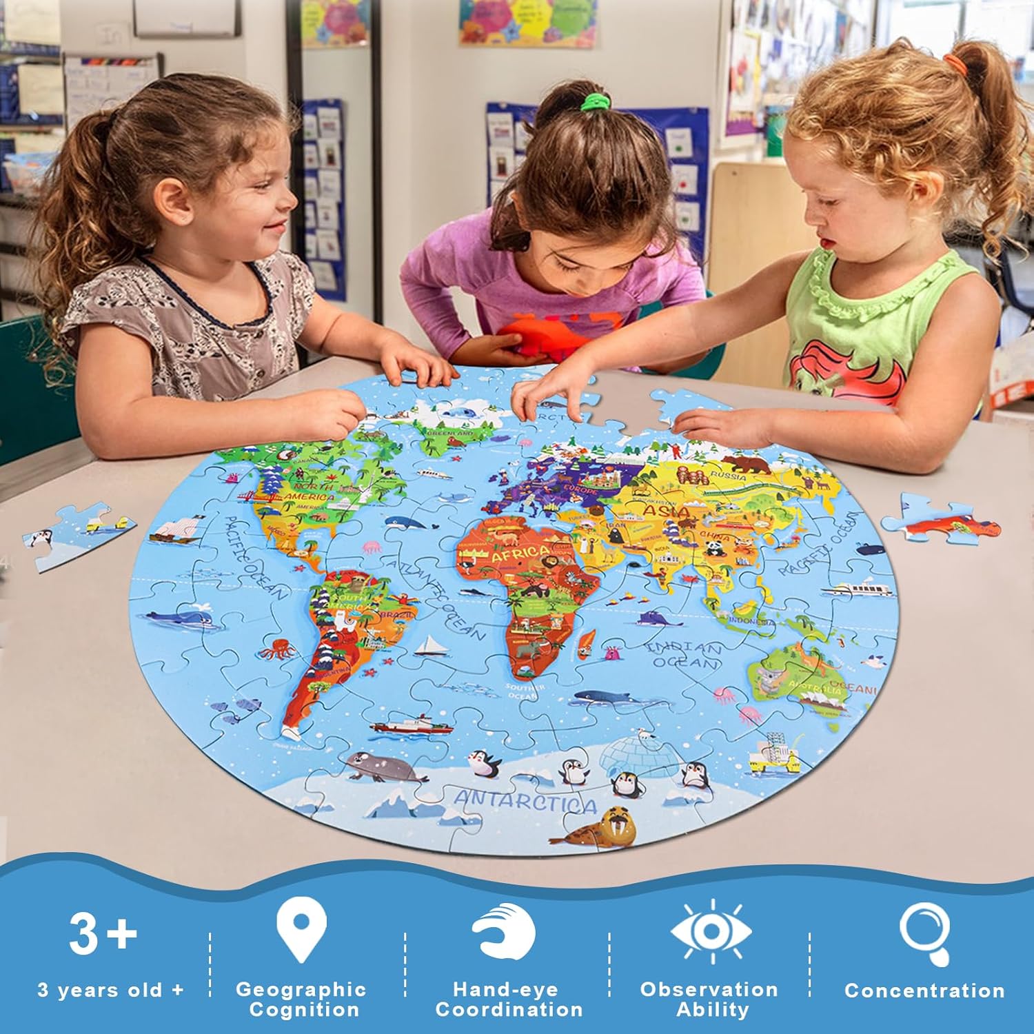 DIGOBAY World Map Jigsaw Puzzle for Kids 4-8, 70 Piece Large Round Floor Puzzles for Kids Ages Toddler Puzzle Globe Geography Games Educational Toys Birthday for Children