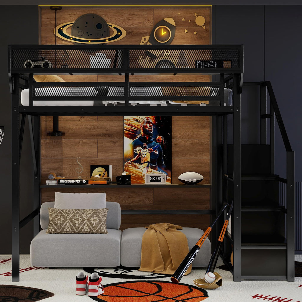 Mirightone Full Size Loft Bed with Stairs, Metal Loft Beds, High Loft Bed Frame with Storage Shelves, Lofted Full Bed with Wardrobe for Kids and Teens, No Box Spring Needed (Black)