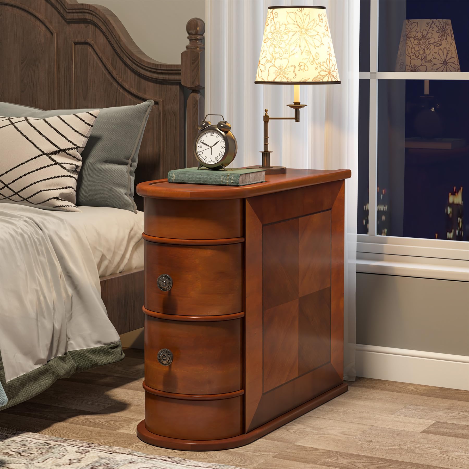 Tribesigns Wood End Table, 2-Drawer Narrow Side Table Slim Chair Solid Side Table, No Assembly Required, Finished Back