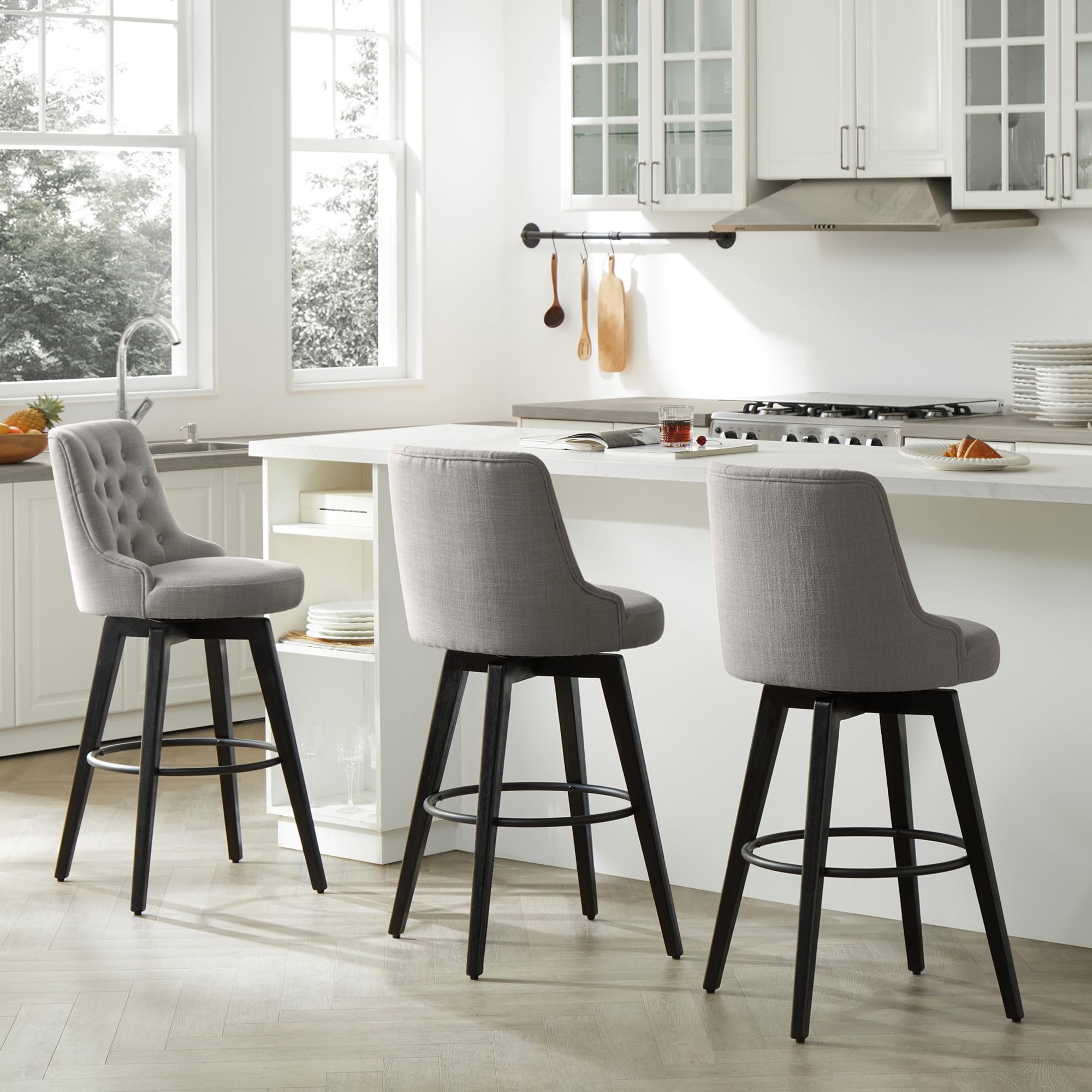 Watson & Whitely Counter Height Bar Stools, Performance Fabric Upholstered Modern Swivel Barstool with Back, Solid Wood Legs, 26" H Seat, Flint Grey
