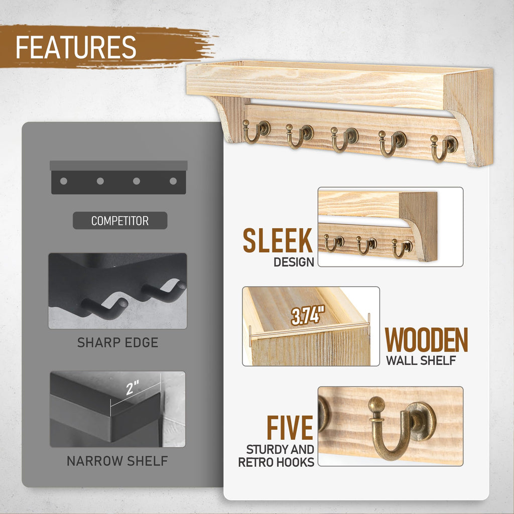 Rebee Vision Acacia Wood Farmhouse Key Holder Wall Mount for Room Decor – Retro Key Holder for Wall with Shelf for Cute Things– Stylish Home Storage for Apartment Essentials (Acacia Wood)