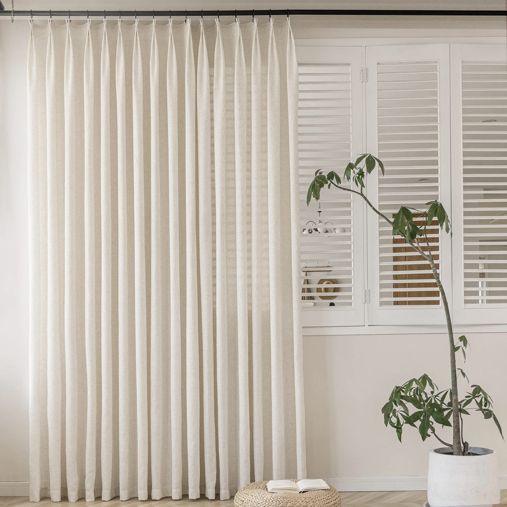 MAIHER Linen Textured Pleated Curtains 63 Inches Long for Living Room, Light Filtering Pinch Pleat Semi Sheer Drapes Curtains with Tieback and Hooks, Natural Linen (1 Panel, 54" W x 63" L)